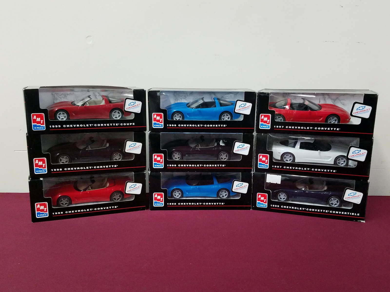 9 Chevrolet Corvette Die Cast Cars: Manufactured by AMT Ertl. All in original box.
