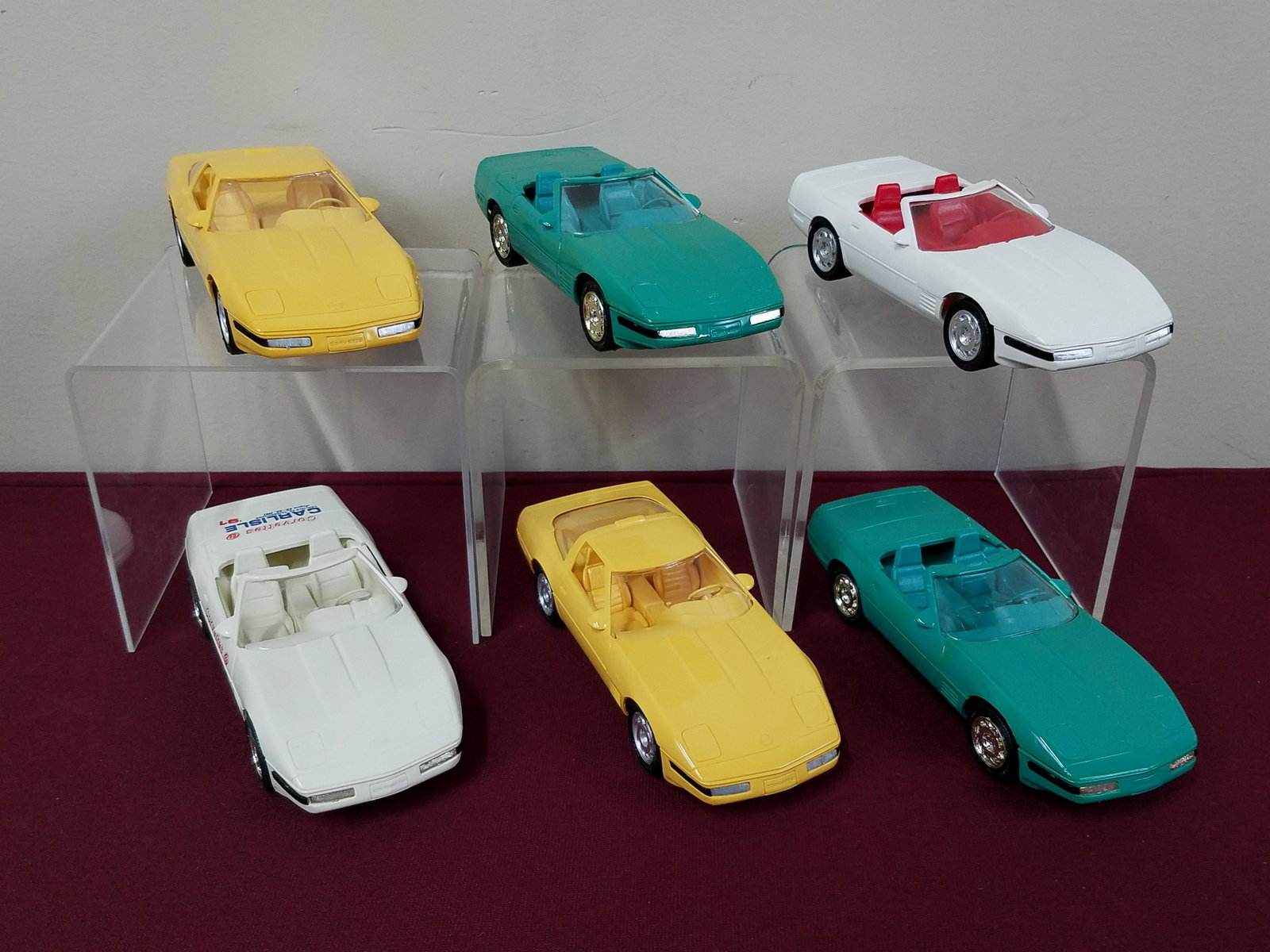 6 1990s Corvette Dealer Cars incl Artic White: All with original boxes. All with plastic bodies. Manufactured by AMT Ertl.