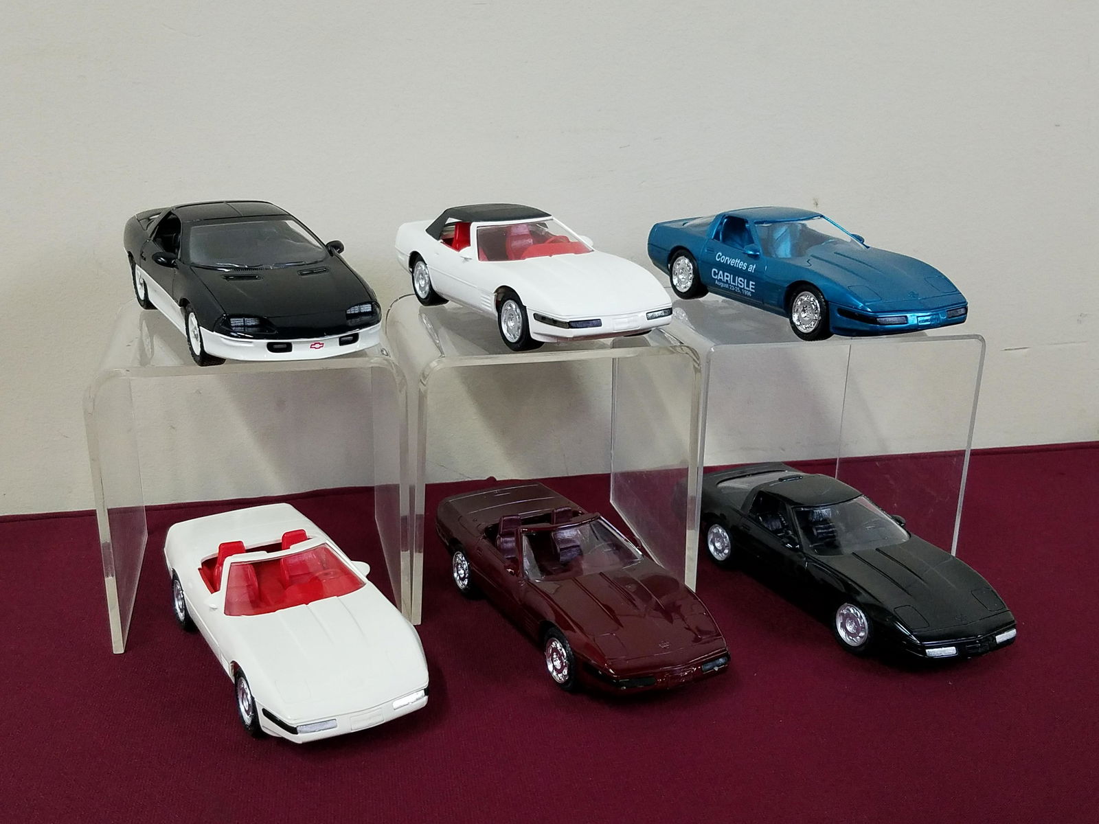 5 1990s Corvette Dealer Cars and Pace Car: Includes 1993 Indianapolis 500 Camaro Z28 pace car replica. All with original boxes. All with plastic bodies. Manufactured by Ertl.