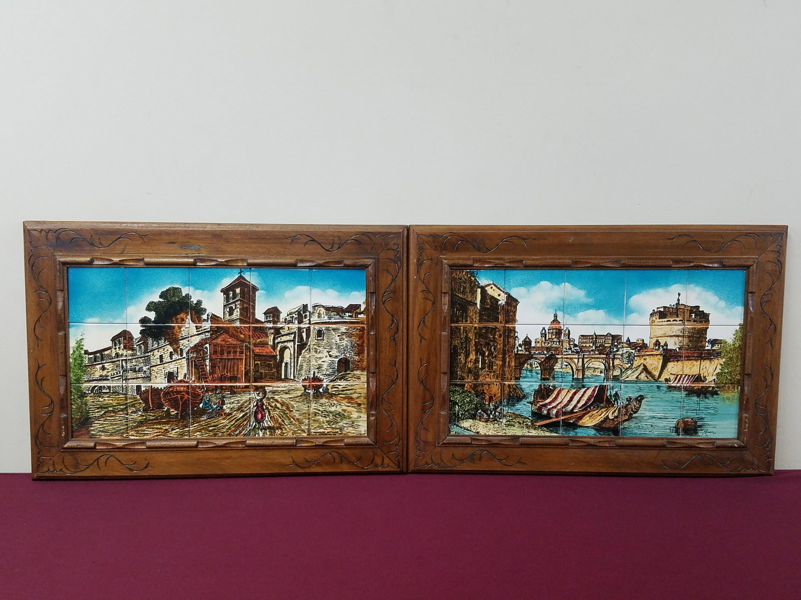 2 J. Mate Tile Landscapes incl. Canarias Antigua: Each 18-1/2" high x 26-3/4" wide. Some scratches to wood frame.