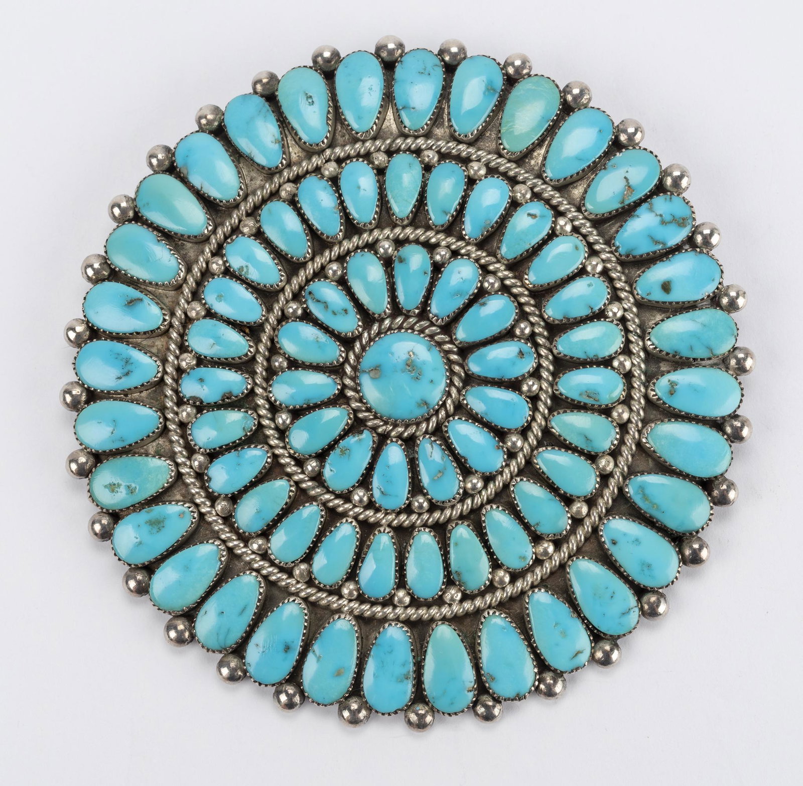 Alice Quam Silver And Turquoise Circular Pendant: With Alice Quam mark and pin for brooch. 3-3/8" diameter.
