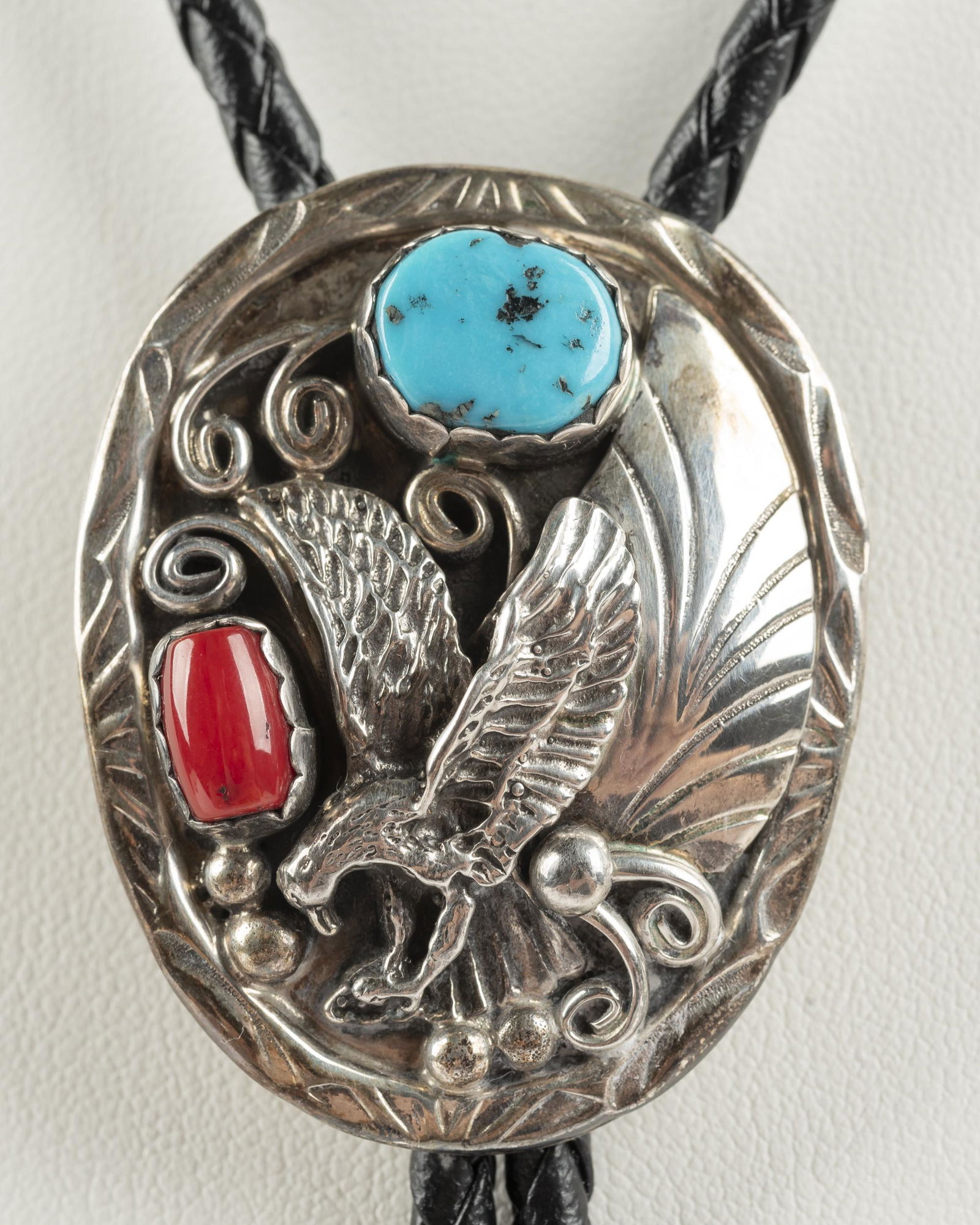 Herbert Tsosie Silver Turquoise And Coral Bolo Tie (1 of 3)