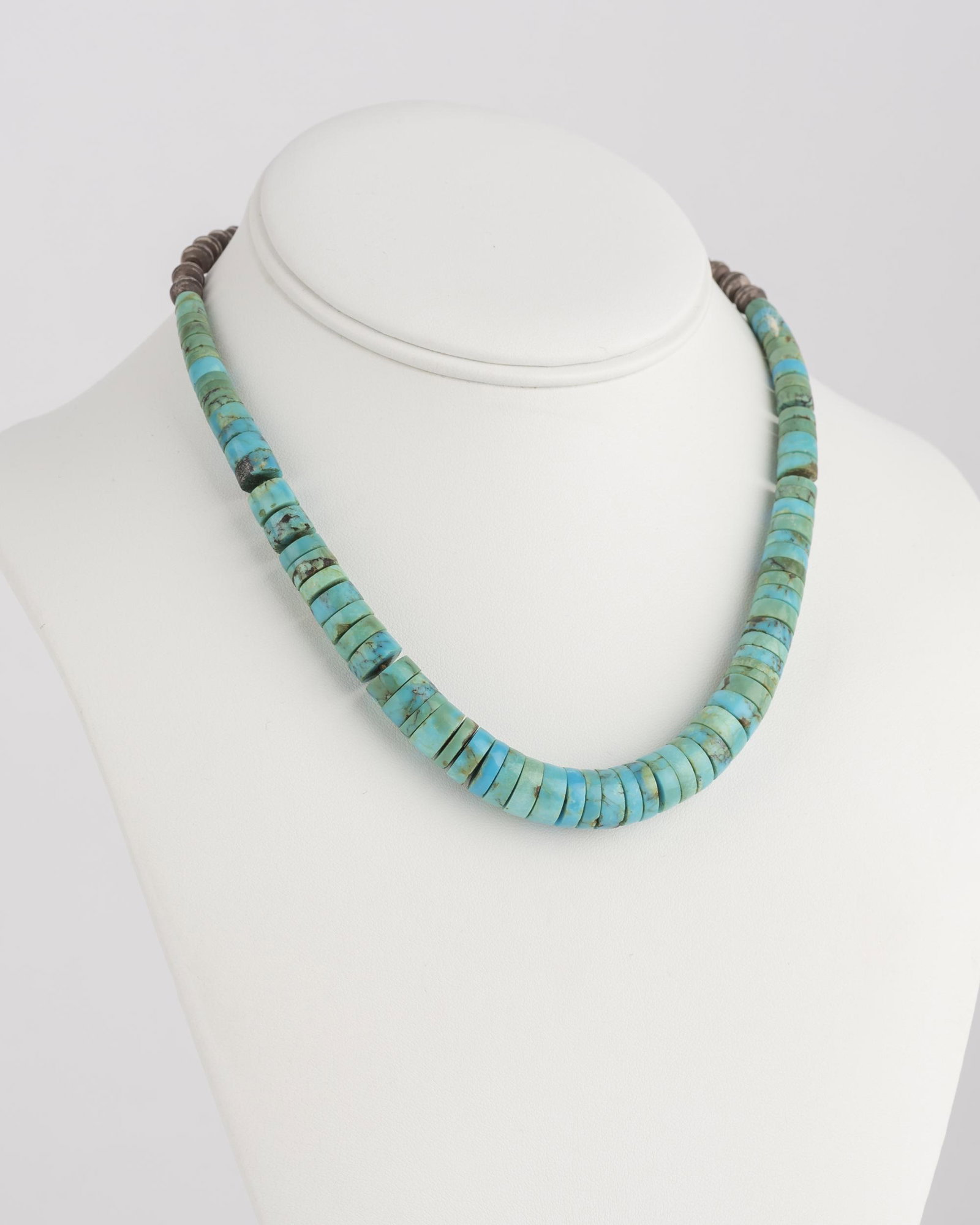 Silver And Turquoise Beaded Choker: 16-3/8" long.