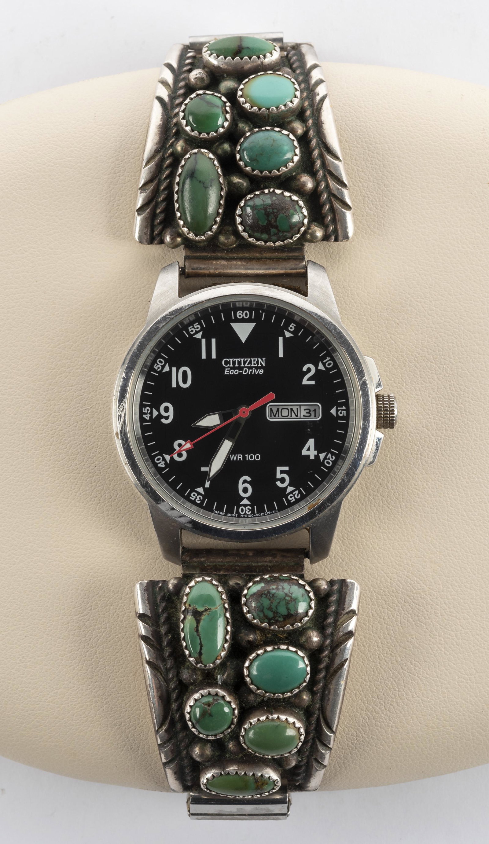 Renelle Perry Navajo Turquoise & Silver Watch Band: With Renelle Perry and "Sterling" mark. Includes Citizen watch. 1-3/4" lug to lug. Band 1-1/4" wide.