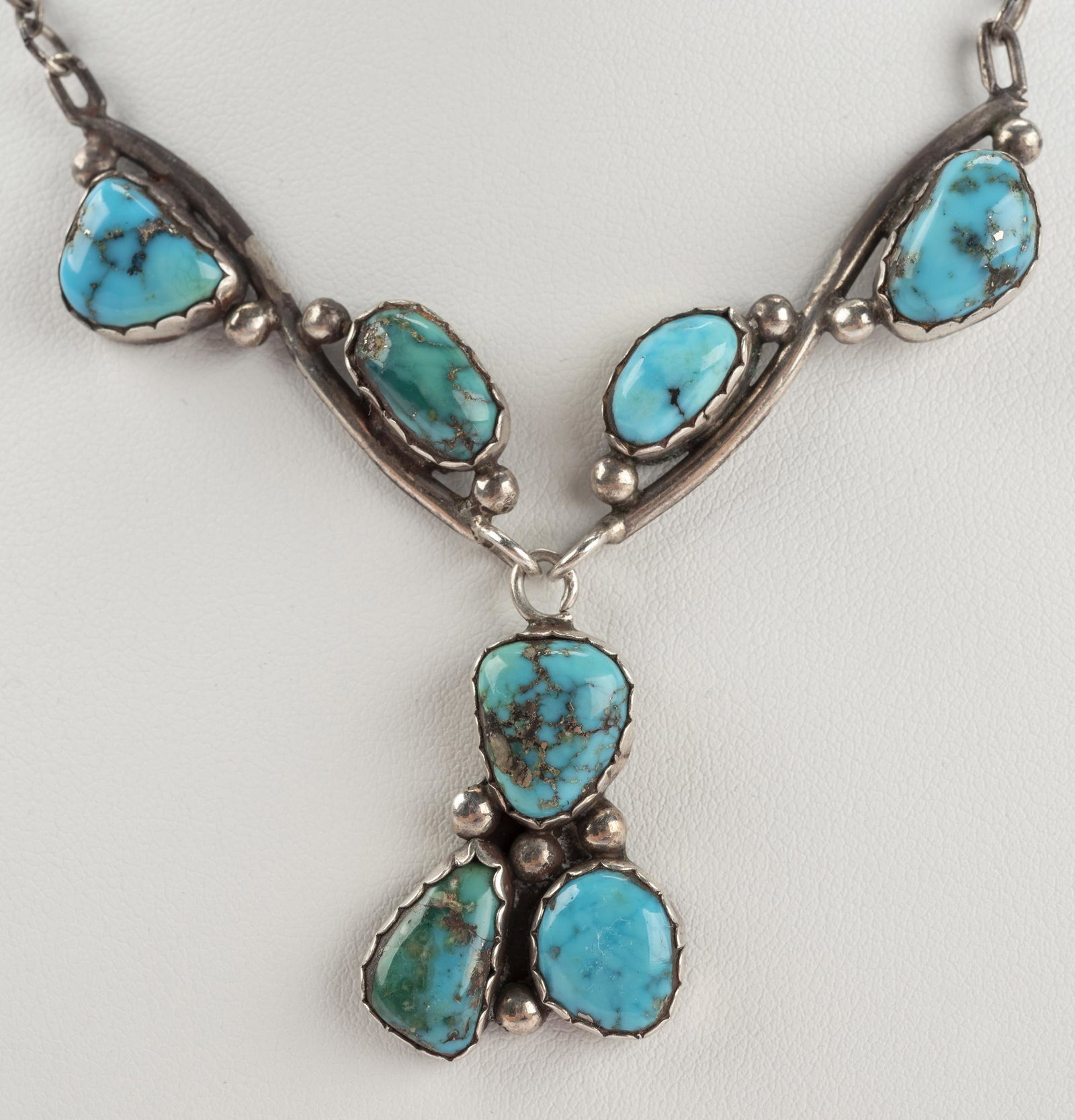 Navajo Silver And Turquoise Choker: Marked "AT". 14" long. Top 1-3/8".