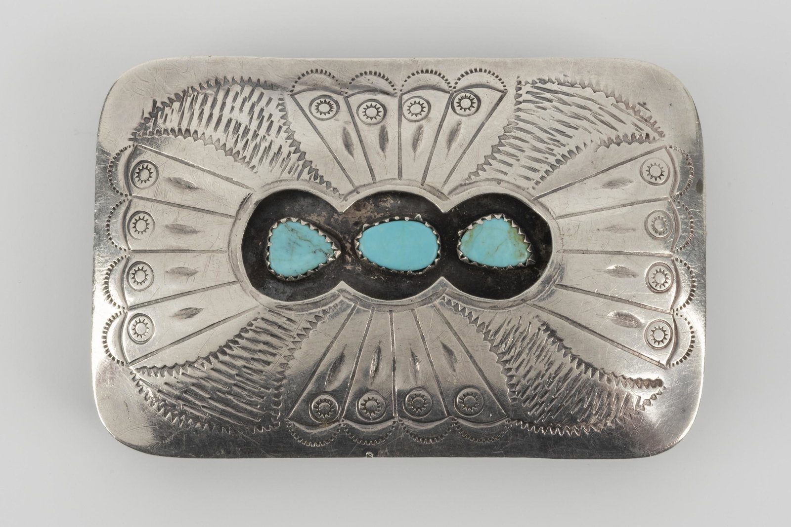 Silver And Turquoise Belt Buckle: Marked "Sterling". 3" x 2".