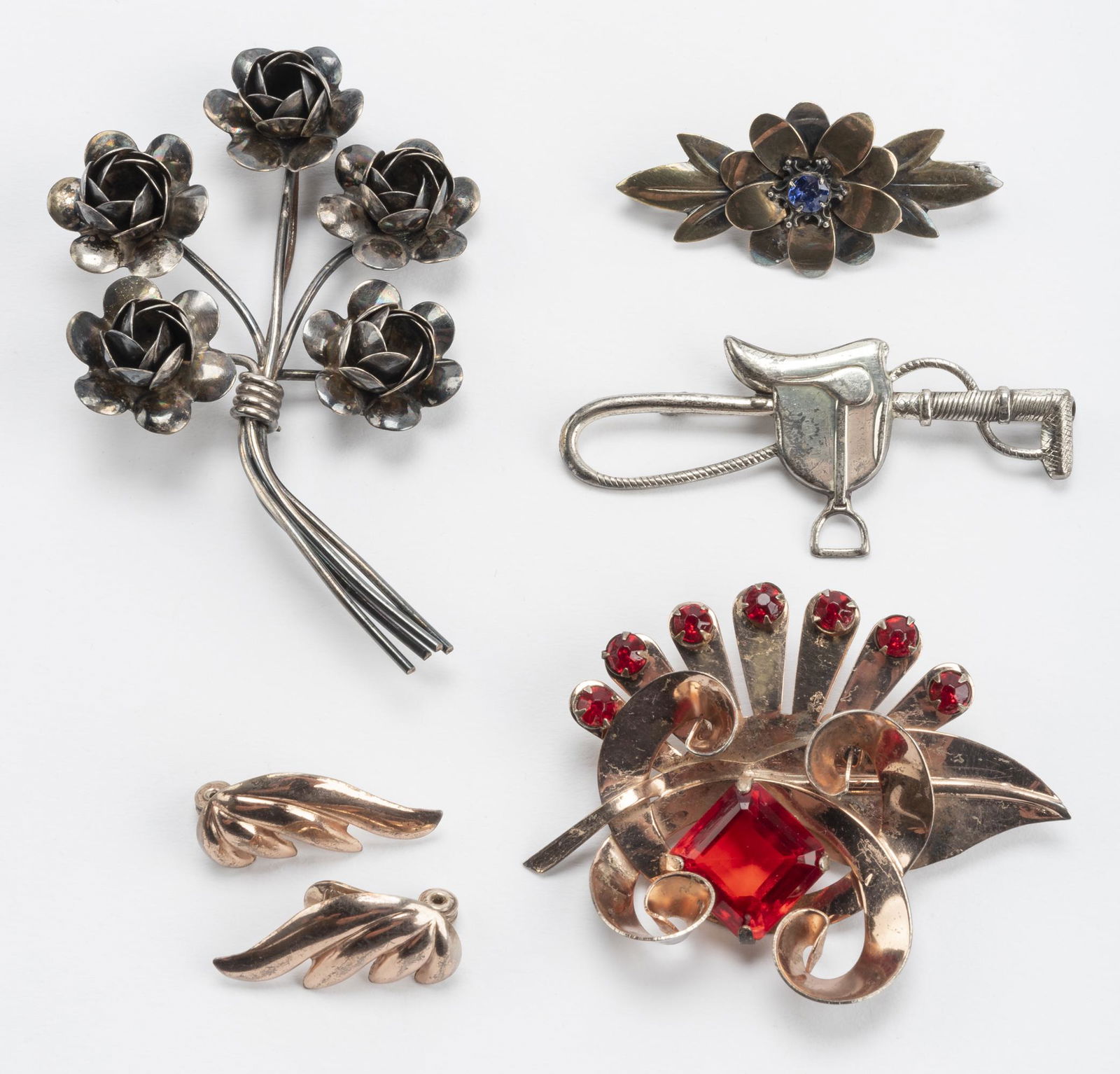 5 Pices Signed Sterling Jewelry: Incl Bookcraft, Monet, Coro, Lang, and Symetalic. Red brooch 2-1/2".