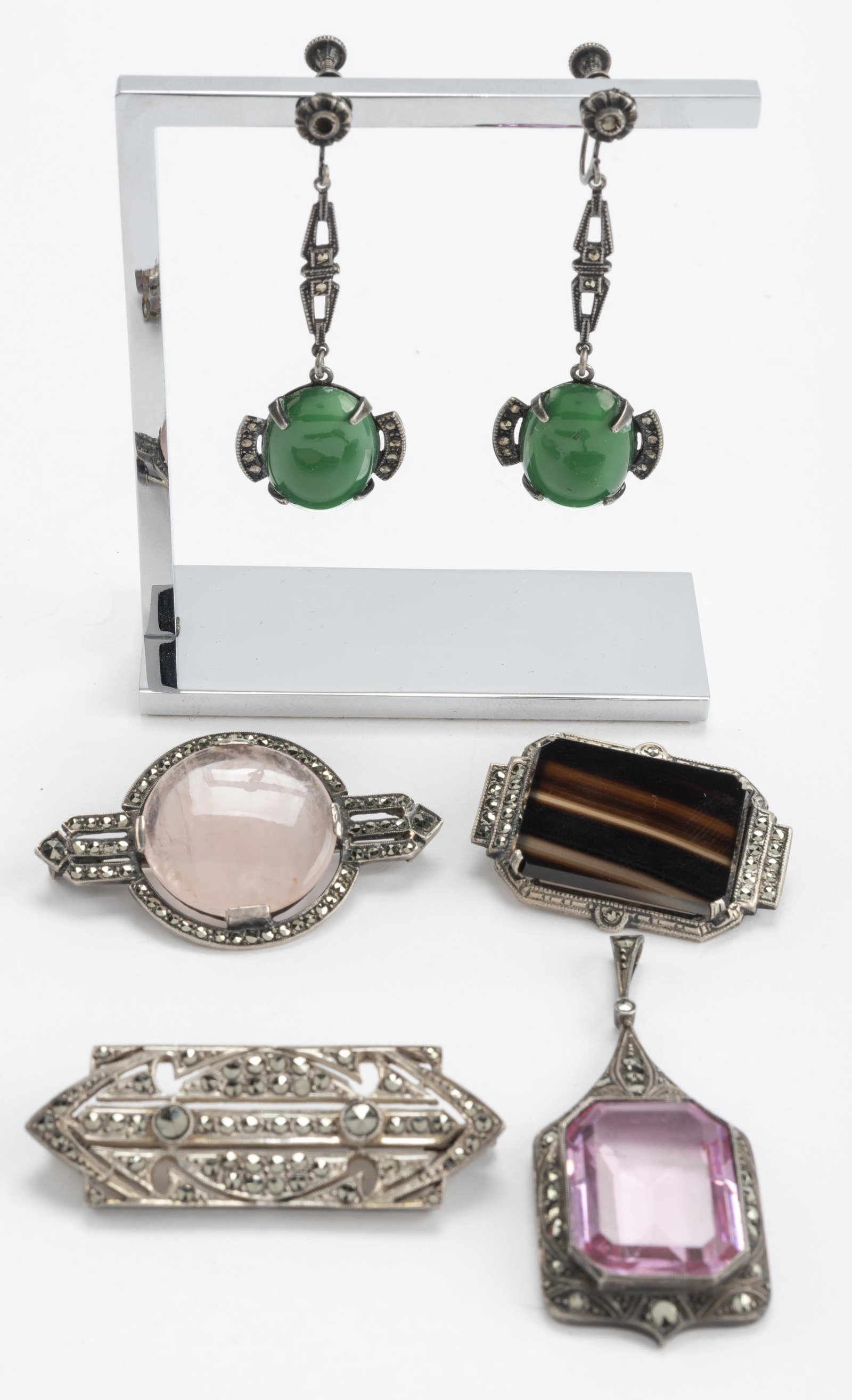 5 Vintage Sterling Marcasite Jewelry Pieces: Incl drop earrings, brooches, and pendant. Pendant 2".