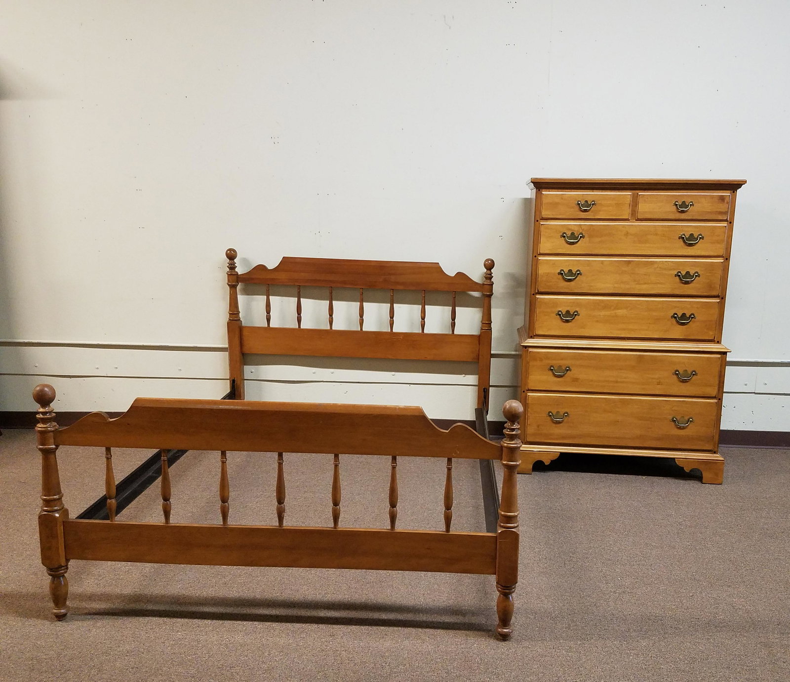 Bed and Ethan Allen Dresser: Bed: 58" wide x 82" deep x 41-1/2" high. Dresser: 40" wide x 20" deep x 57" high.