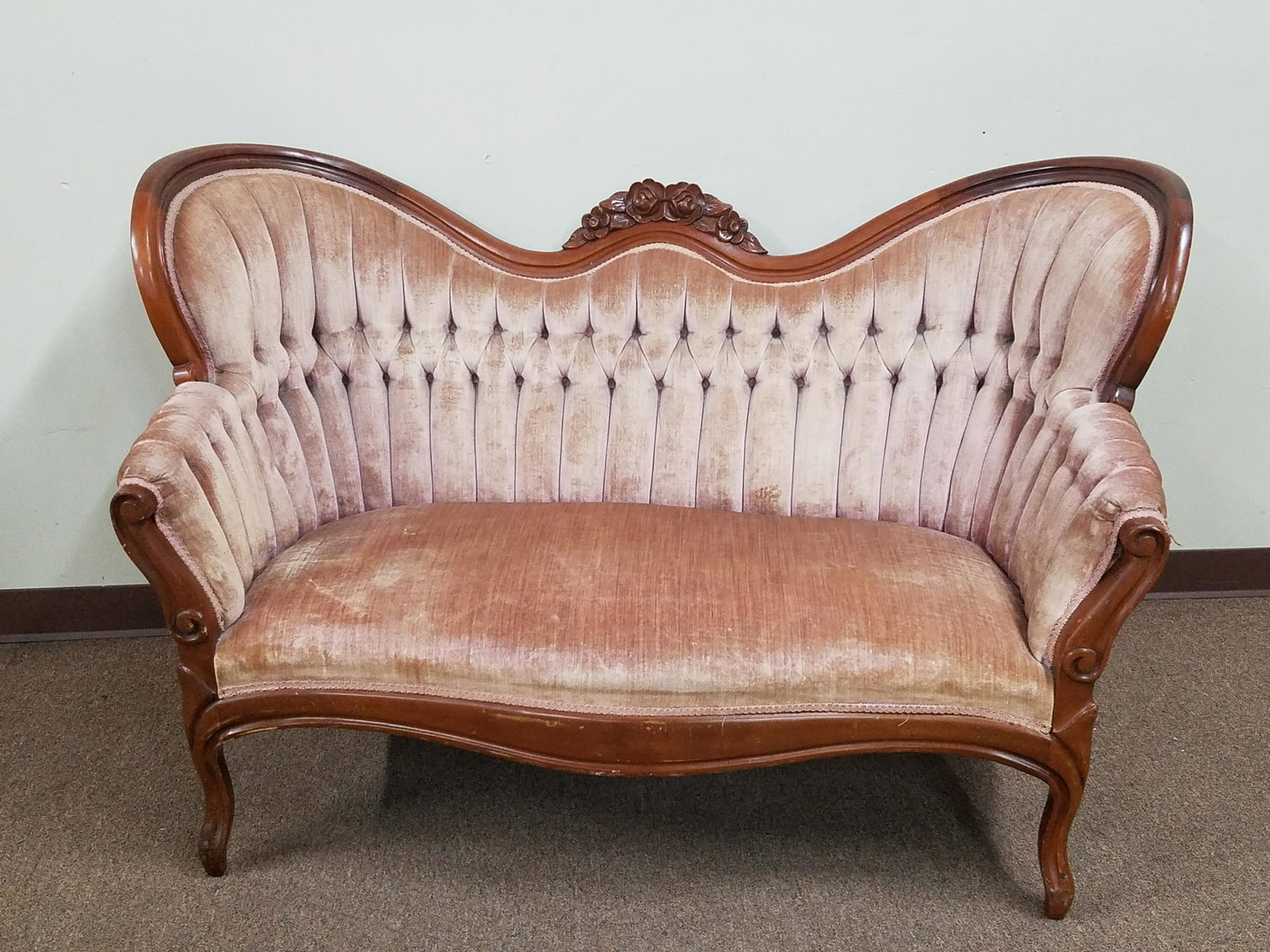 Victorian Settee: 56" wide x 30" deep x 32" high. Wear to upholstery.