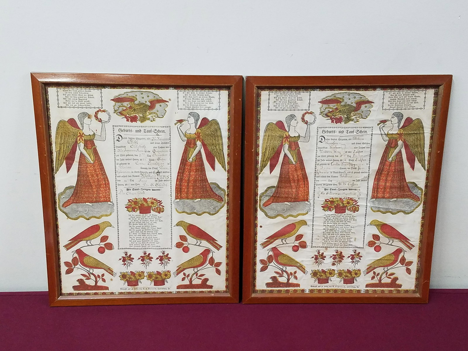 1846 and 1847 Fraktur: Each overall with frame 16-1/2" high x 13-1/4" wide. Some tears and discoloration to paper.
