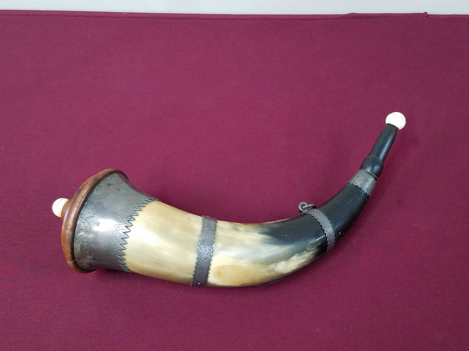 Powder Horn Trophy May 1882: South St. Louis. German gymnastics association. 14" long x 11" high. Split in wood cap.