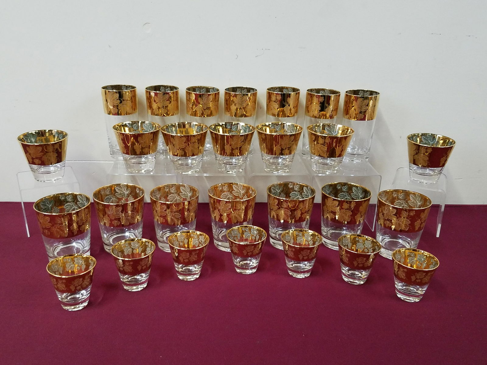 28 Gold Leaf Glasses: 2-3/4" to 5-3/4" high.