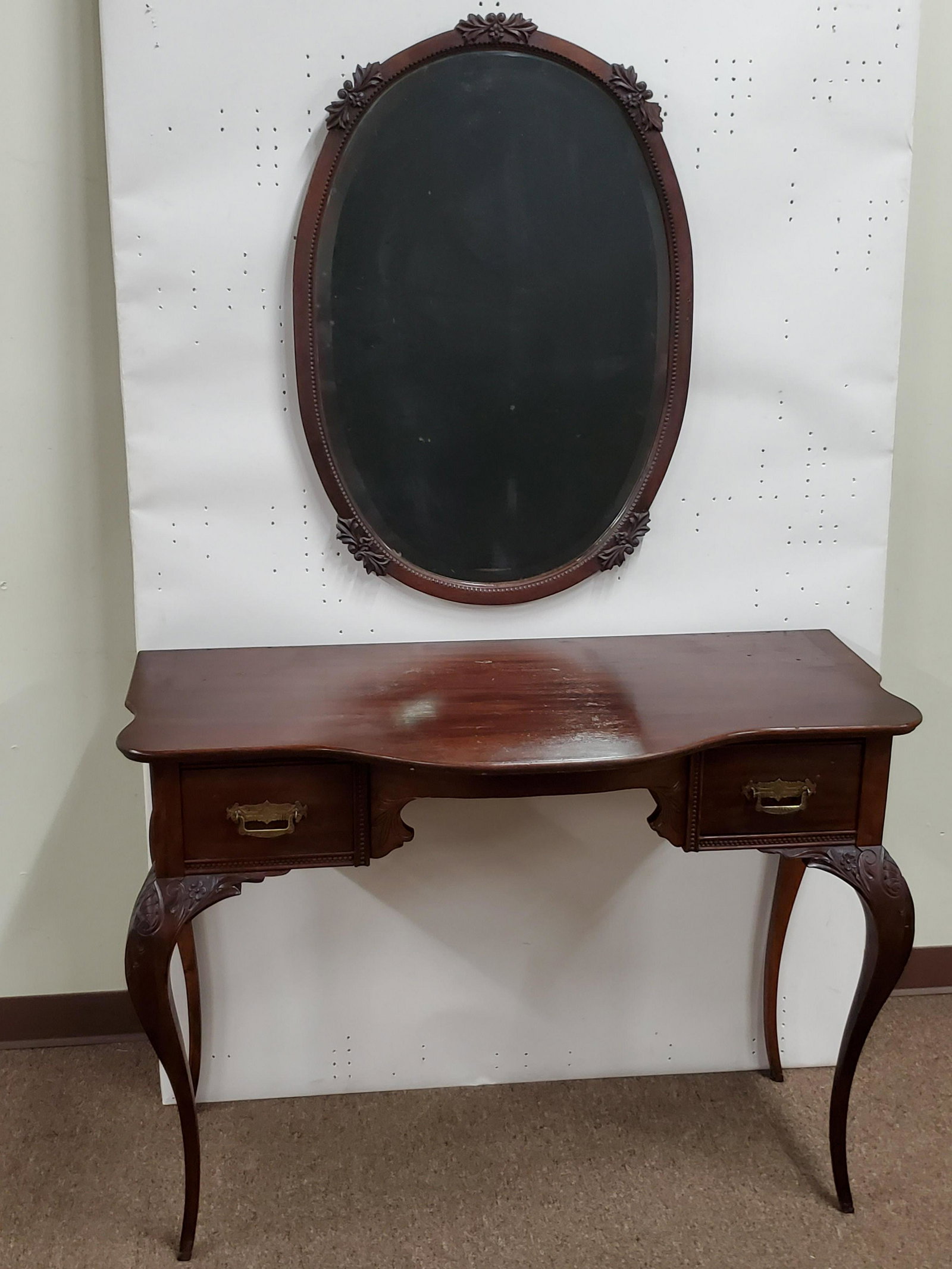 Dressing Table with Mirror: Dressing table 44" wide X 20 1/4" deep X 32" high. Wall mirror 24 1/4" wide X 34 3/4" high. Surface ware to table. Mirror converted to wall hanging.
