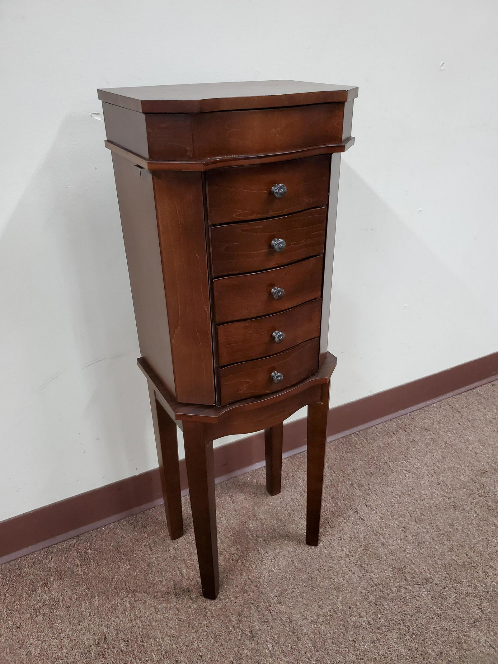 Jewelry Chest: Closed 11 1/2" wide. Open 23" wide. 9" deep X 34" high.