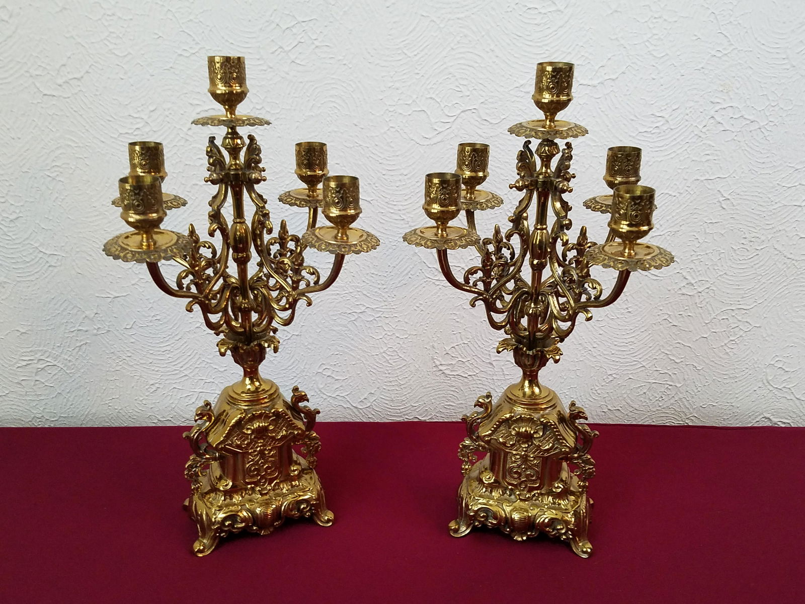 Pr Antique Brass 5 Light Candelabra (1 of 3)