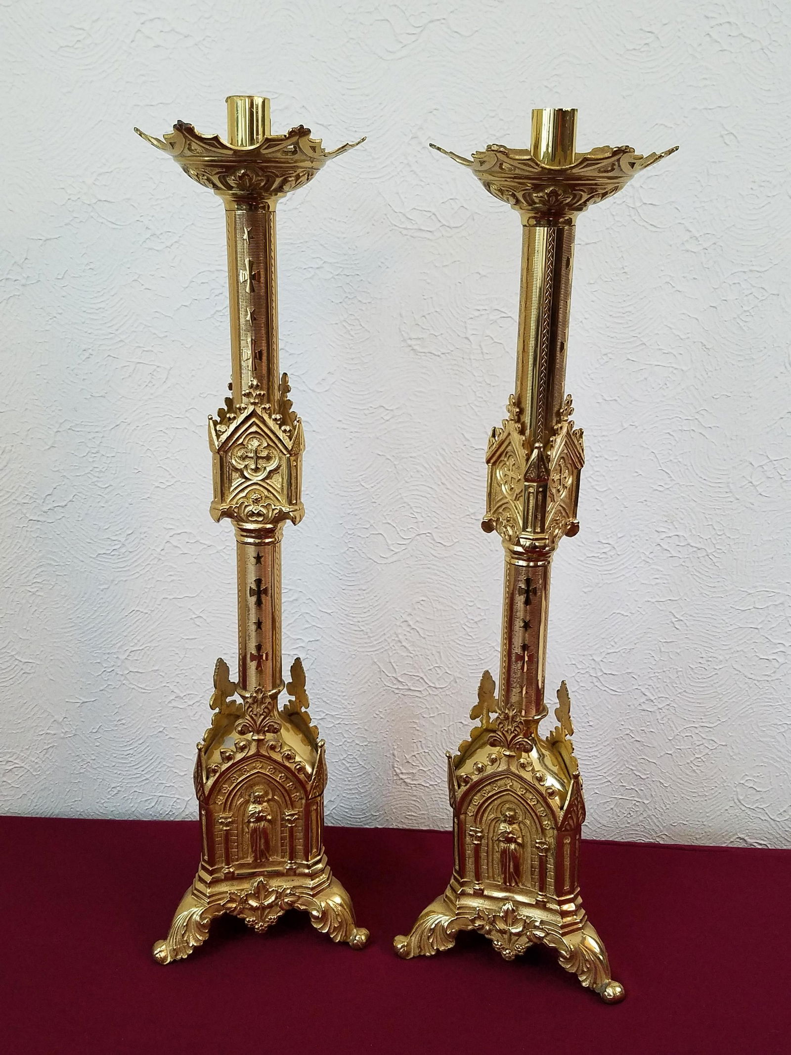 Pr Large Ecclesiastical Antique Brass Candlesticks (1 of 3)