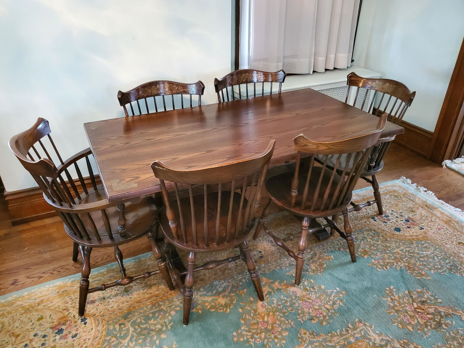Hitchcock Table and Chairs: table 60" wide X 32 1/2" deep X 29 1/2" high. Chairs 25" wide X 17 1/2" deep X 34" high. IMPORTANT: Before bidding, please read the terms and conditions below. When you registered for the auction you