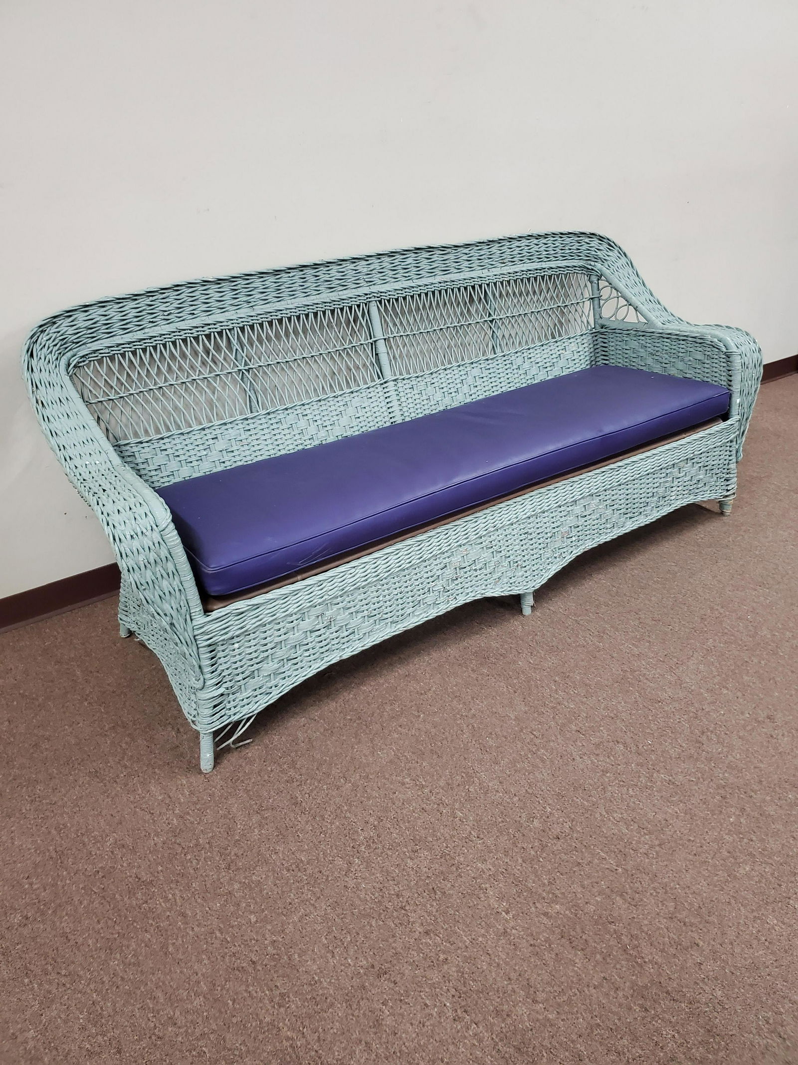 Painted Wicker Sofa w/ Purple Leather Seat Cushion (1 of 2)