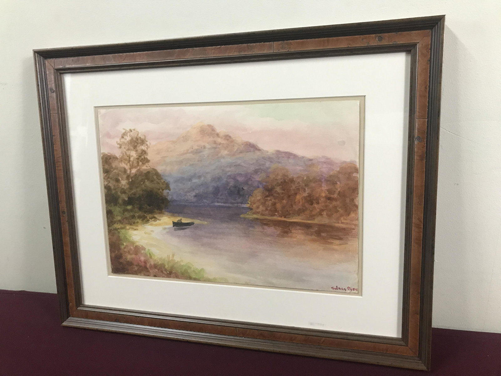 Sidney Pyne (Britain b. 1920) Painting: Gouach on board. Boat Along River with Fog. In acid free archival frame. With COA from Sulis Fine Art. Overall in frame 16" high x 20" wide. IMPORTANT: Before bidding, please read the terms and condit