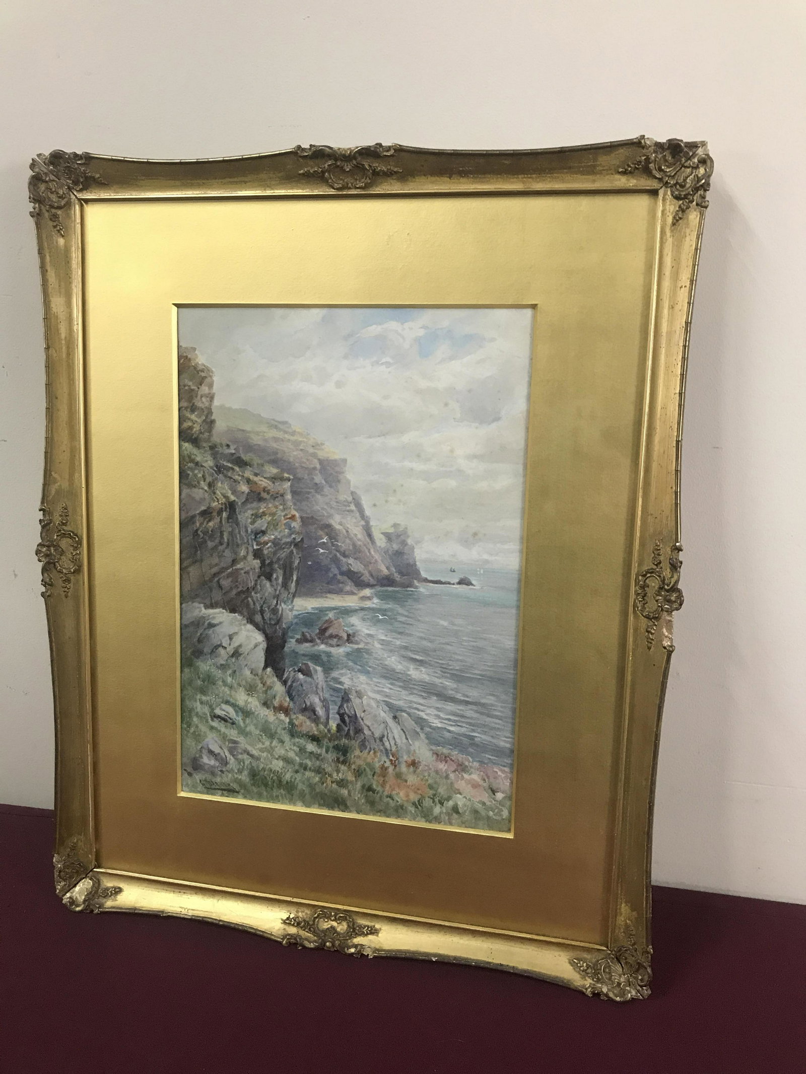 George Barker (British, 1858-1911): Watercolor on paper. Rocky Coastal Landscape. Signed lower left. Original gilt gesso frame. Overall with frame 22" high x 18" wide. IMPORTANT: Before bidding, please read the terms and conditions belo