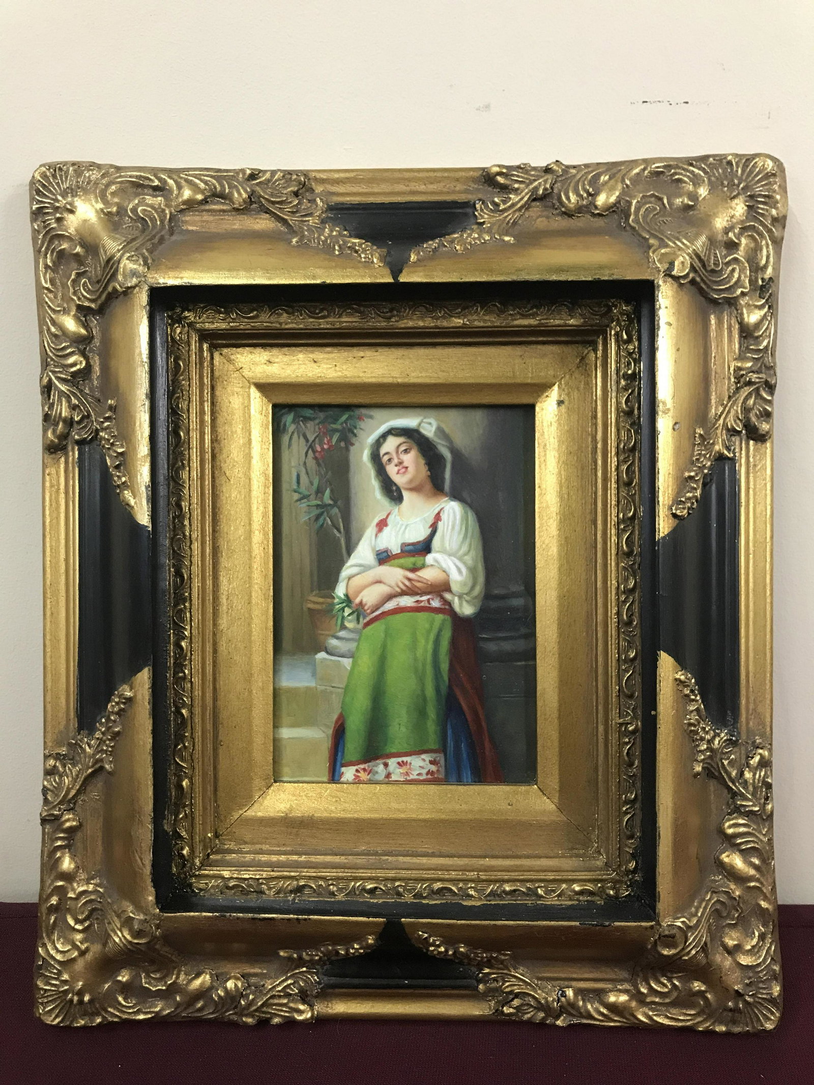 Antique Peasant Girl Painting: English school, 19th century. In Carvers & Gilders frame. Overall in frame 14" high x 12-1/2" wide. IMPORTANT: Before bidding, please read the terms and conditions below. When you registered for the a