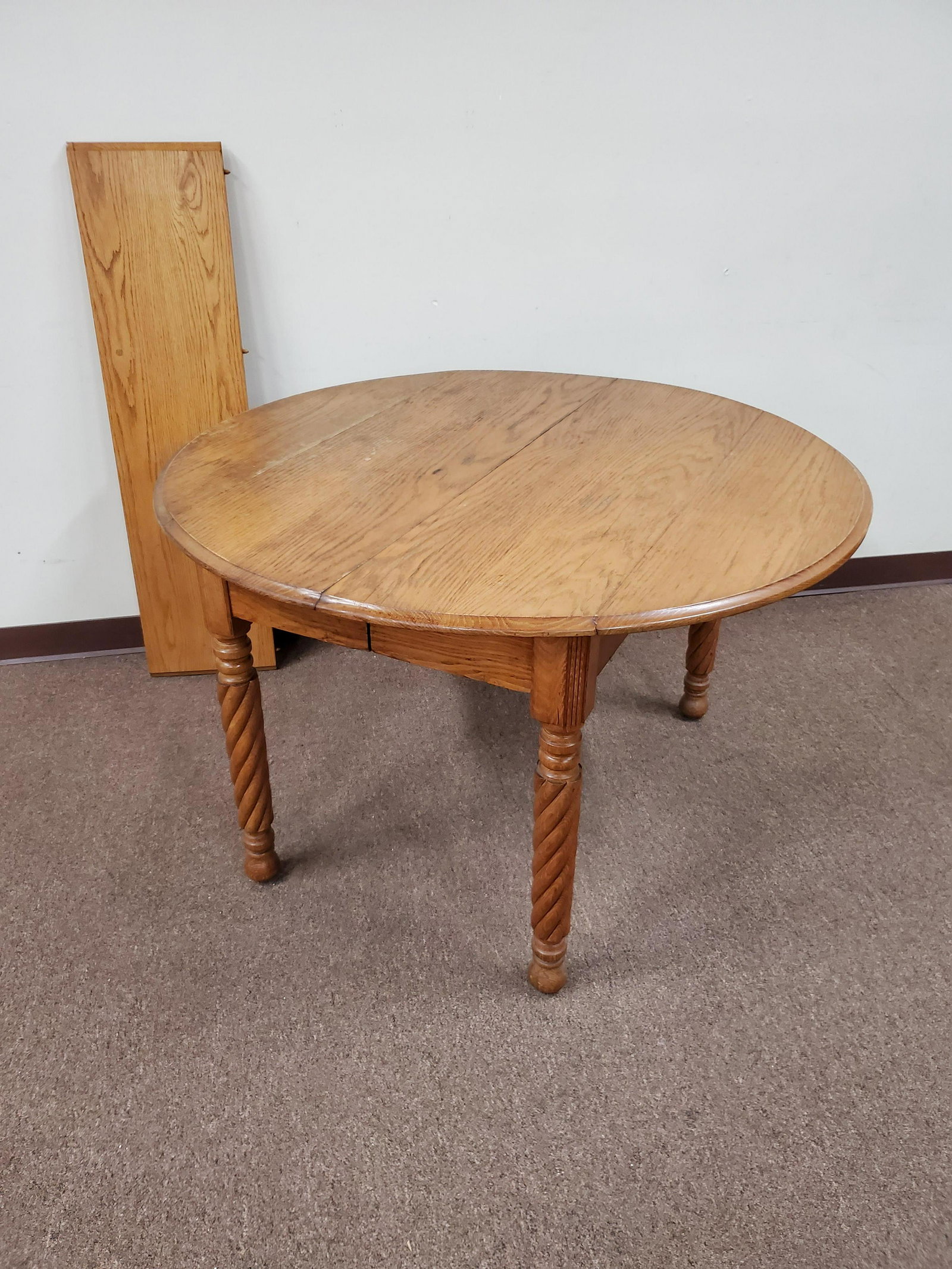 Drop Side Dining Table with Leaf: 45 1/2" wide X 45 1/2" deep X 28" high. Table leaf 12" wide. IMPORTANT: Before bidding, please read the terms and conditions below. When you registered for the auction you agreed to these terms and wi