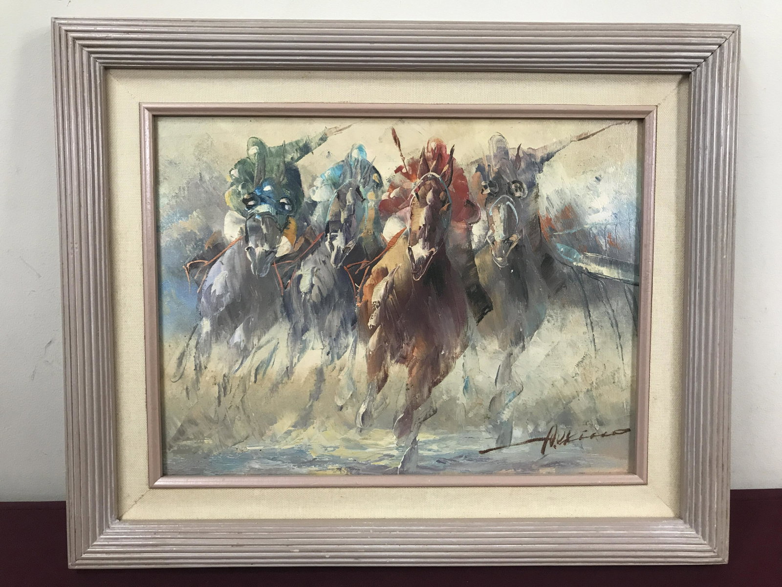 Anthony Vecchio (American, b. 1949): Oil on canvas. Down the Stretch. Signed lower right. Overall with frame 17" high x 21" wide. IMPORTANT: Before bidding, please read the terms and conditions below. When you registered for the auction 