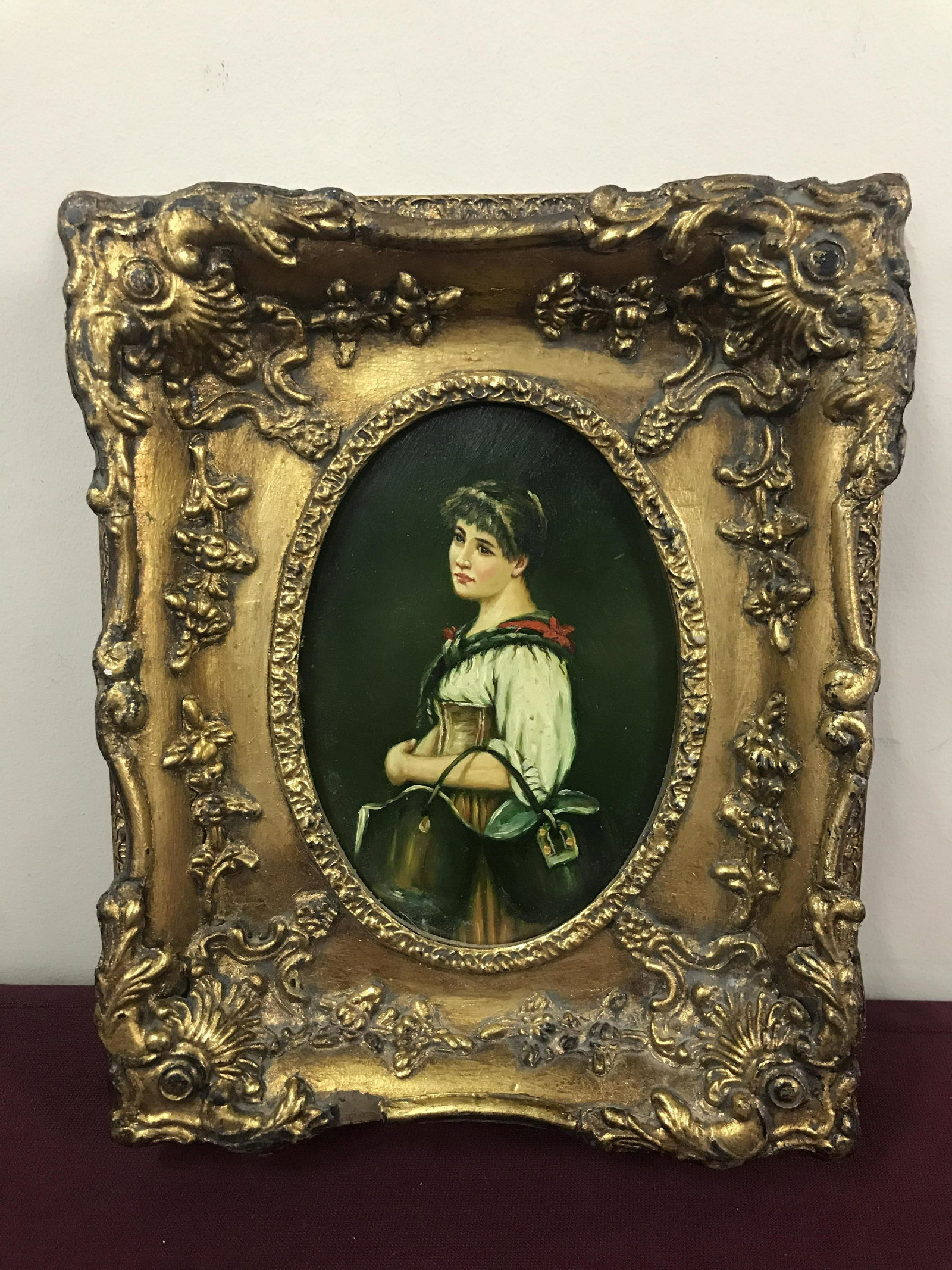 English School Painting of Young Woman: Oil on board. 19th Century. In Carvers & Gilders frame. Overall with frame 11" high x 9-1/4" wide. IMPORTANT: Before bidding, please read the terms and conditions below. When you registered for the au