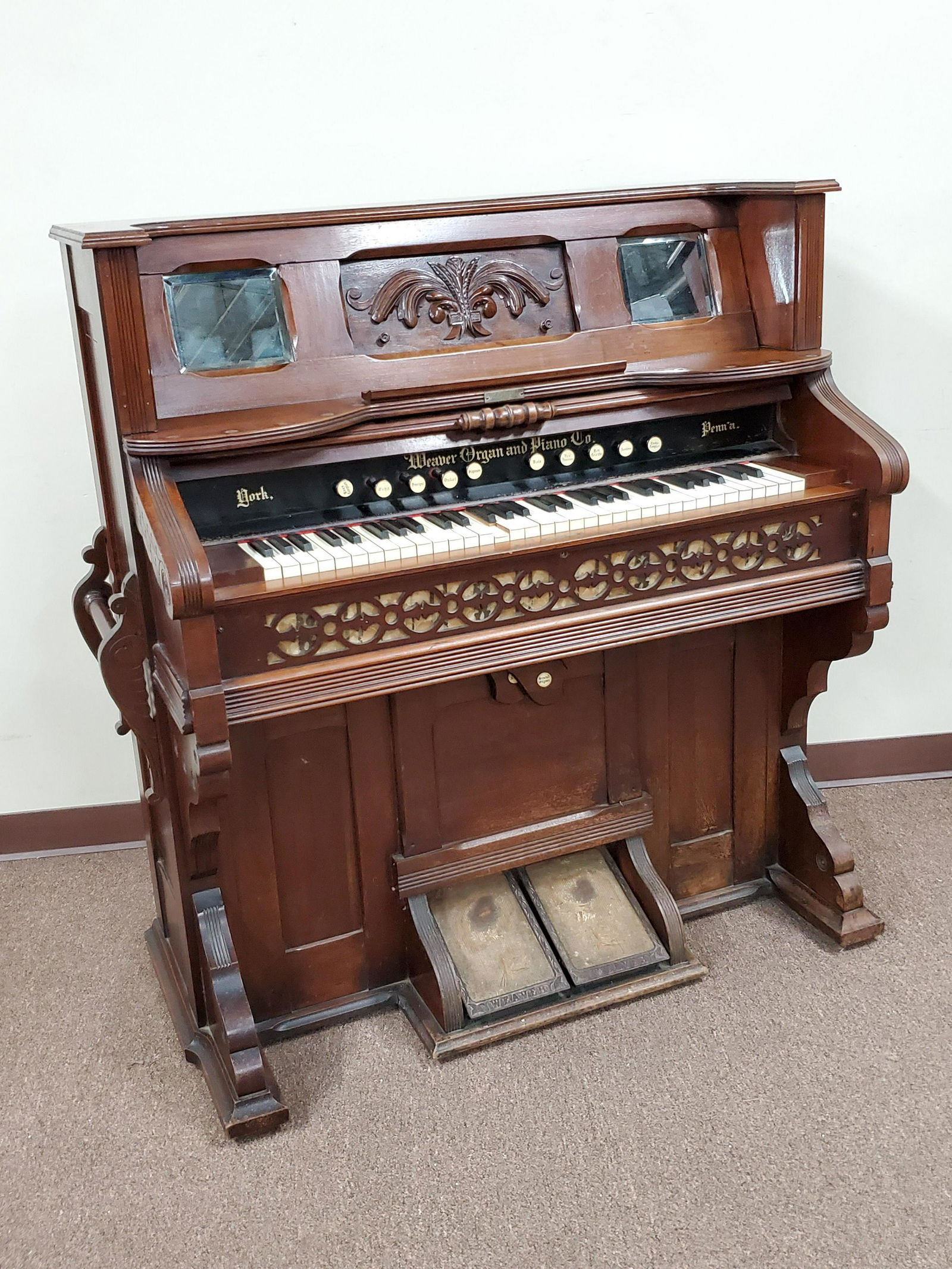 Organ By Weaver Organ And Piano Co York PA: 49" wide X 23 1/2" deep X 48 1/2" high. Working. Losses to case. IMPORTANT: Before bidding, please read the terms and conditions below. When you registered for the auction you agreed to these terms an