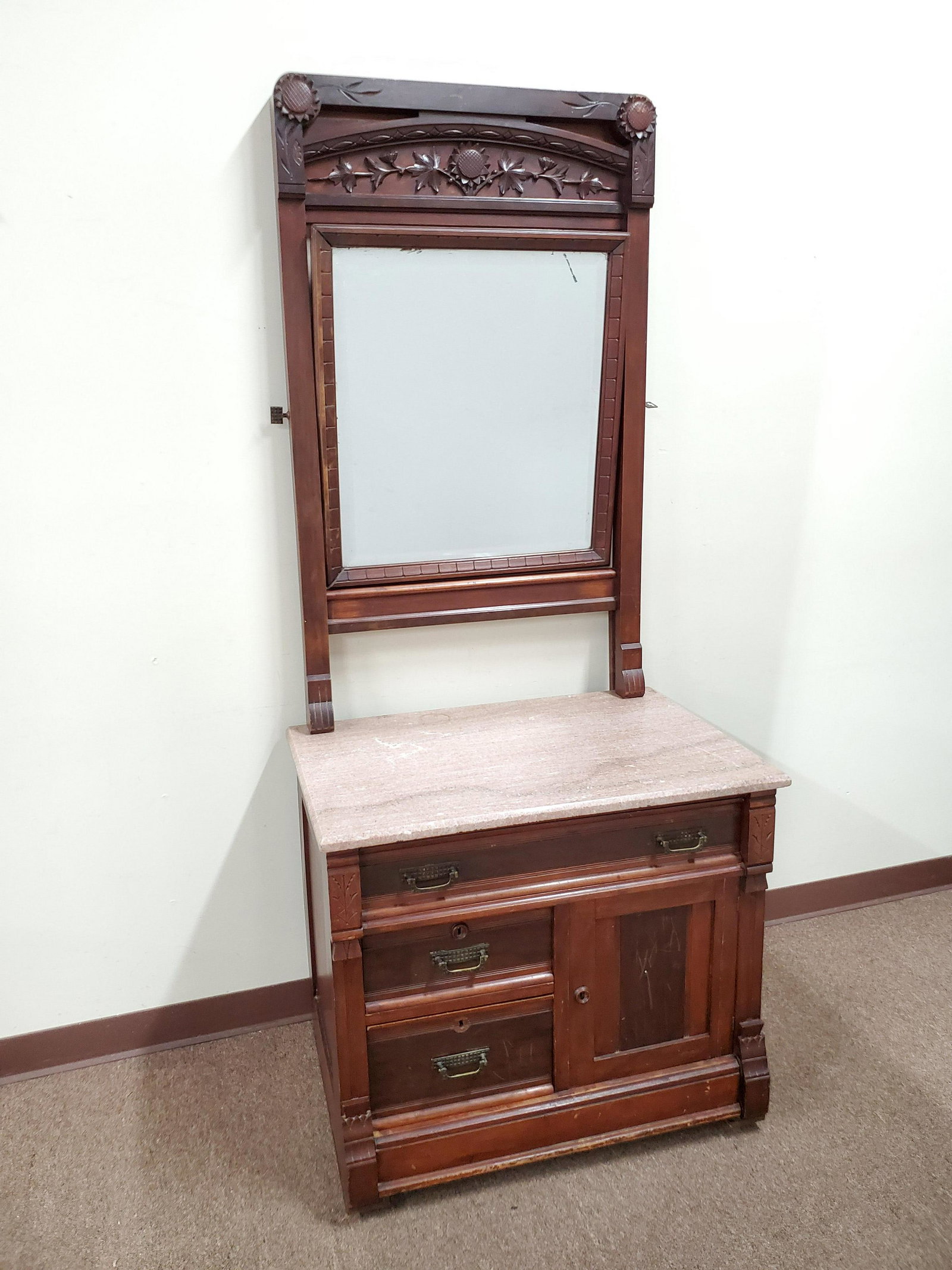 Marble Top Wash Stand: 32 1/3" wide X 22" deep X 75" high. Repairs to door. IMPORTANT: Before bidding, please read the terms and conditions below. When you registered for the auction you agreed to these terms and will be re