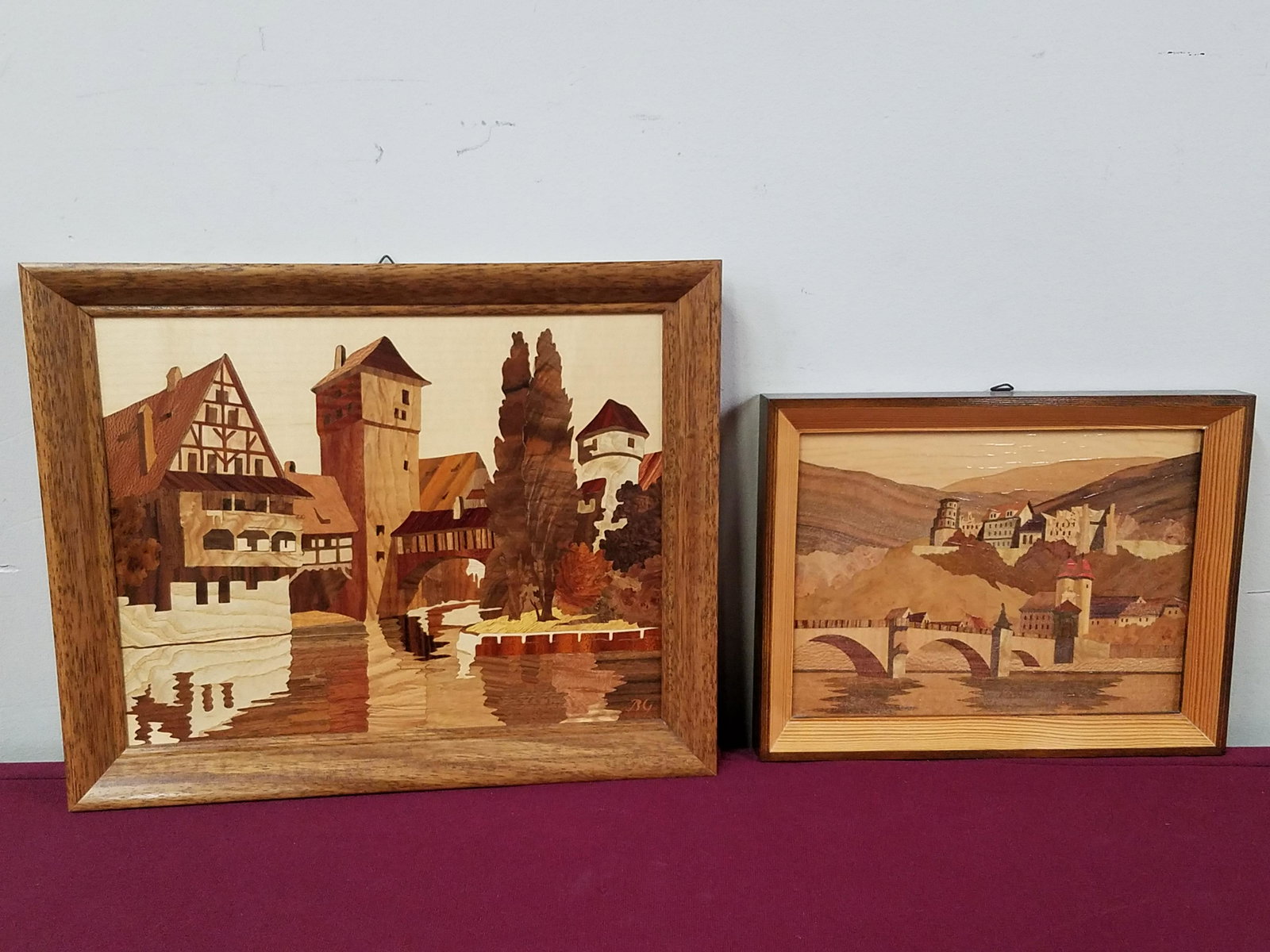 2 Ernst Bernauer German Wood Inlaid Town Scenes: Overall with frame 8-1/4" to 11-1/2" high x 10-1/2" to 13-3/4" wide. IMPORTANT: Before bidding, please read the terms and conditions below. When you registered for the auction you agreed to these term