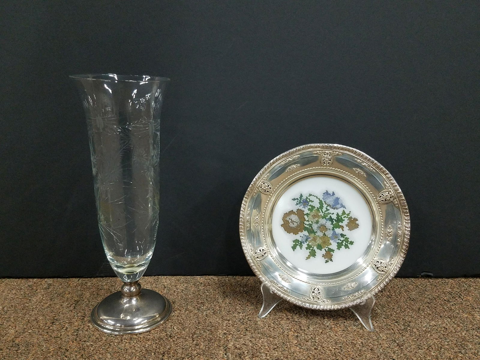 Etched and Sterling Vase & Sterling Rimmed Plate (1 of 3)