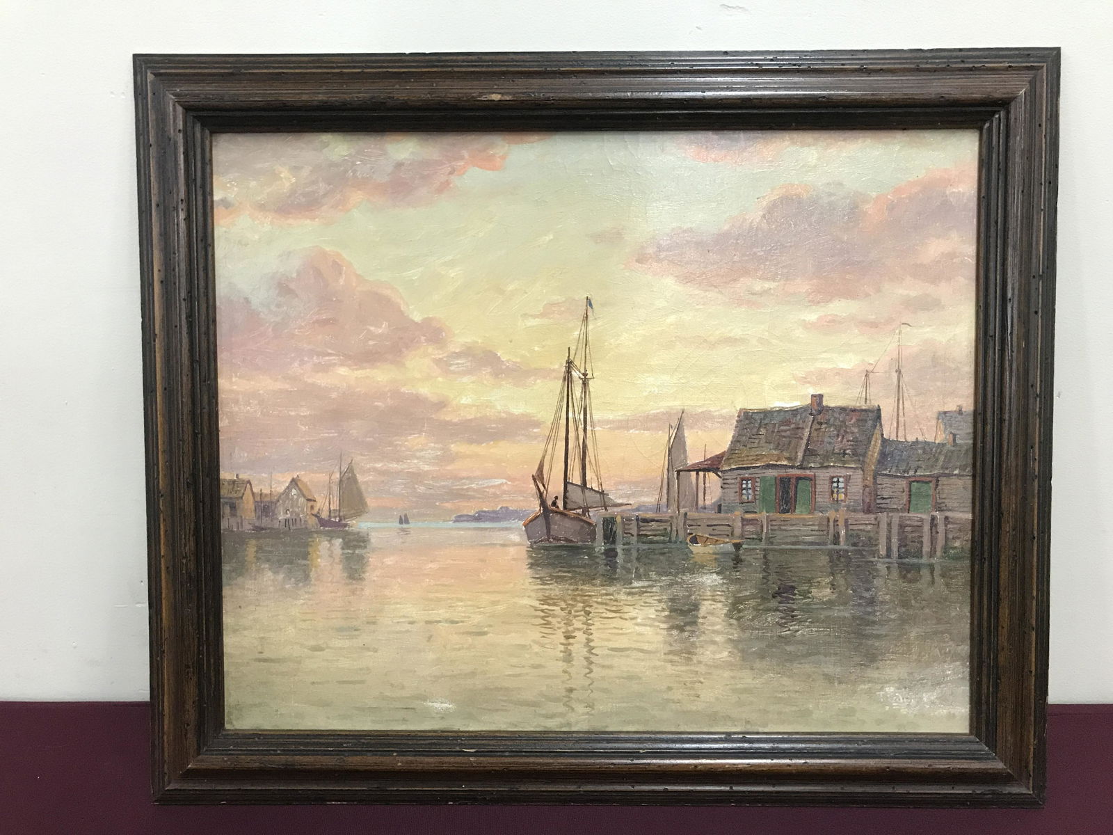 American School Harbor Scene Oil on Canvas (1 of 4)