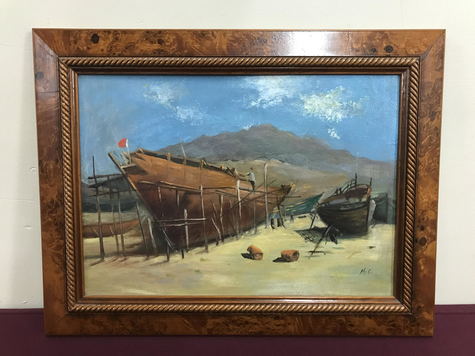 Morris Gerberg Beach Painting: In bird's-eye maple frame. Overall with frame 13-3/4" high x 178-1/4" wide. IMPORTANT: Before bidding, please read the terms and conditions below. When you registered for the auction you agreed to the