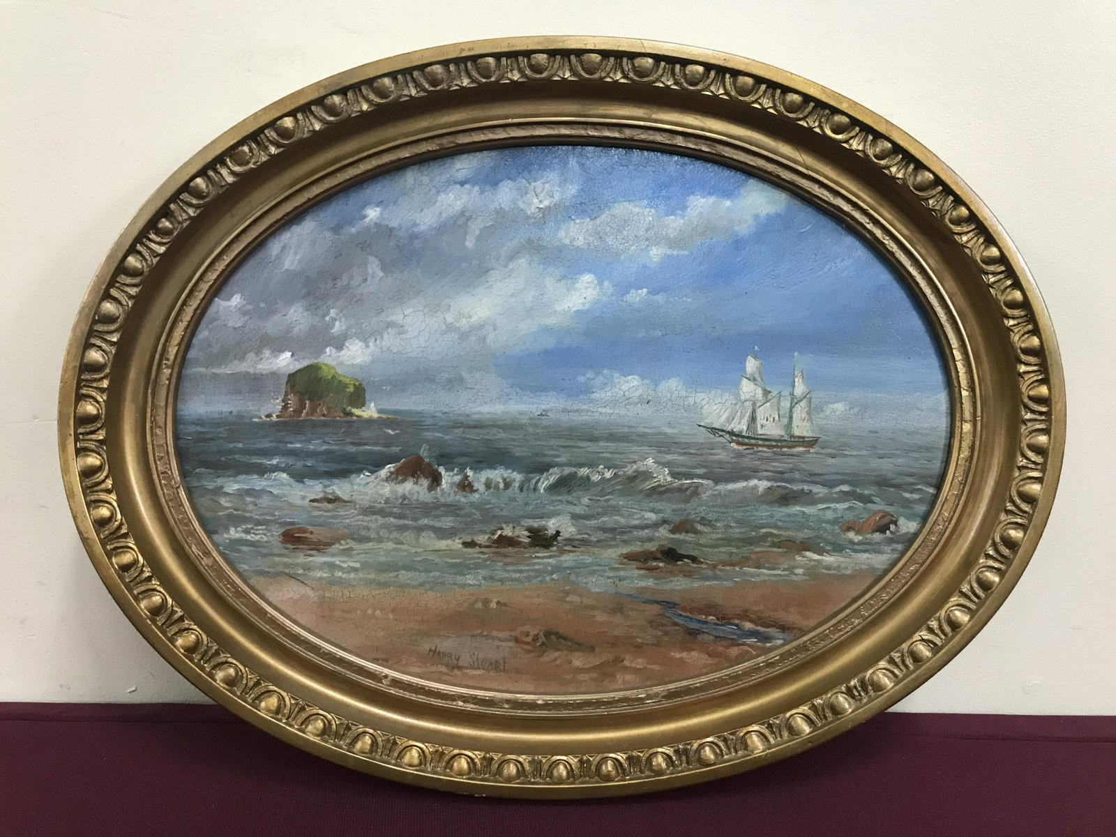 Seascape Signed Henry Stuart: Overall with frame 12-1/2" high x 16-1/2" wide. IMPORTANT: Before bidding, please read the terms and conditions below. When you registered for the auction you agreed to these terms and will be require