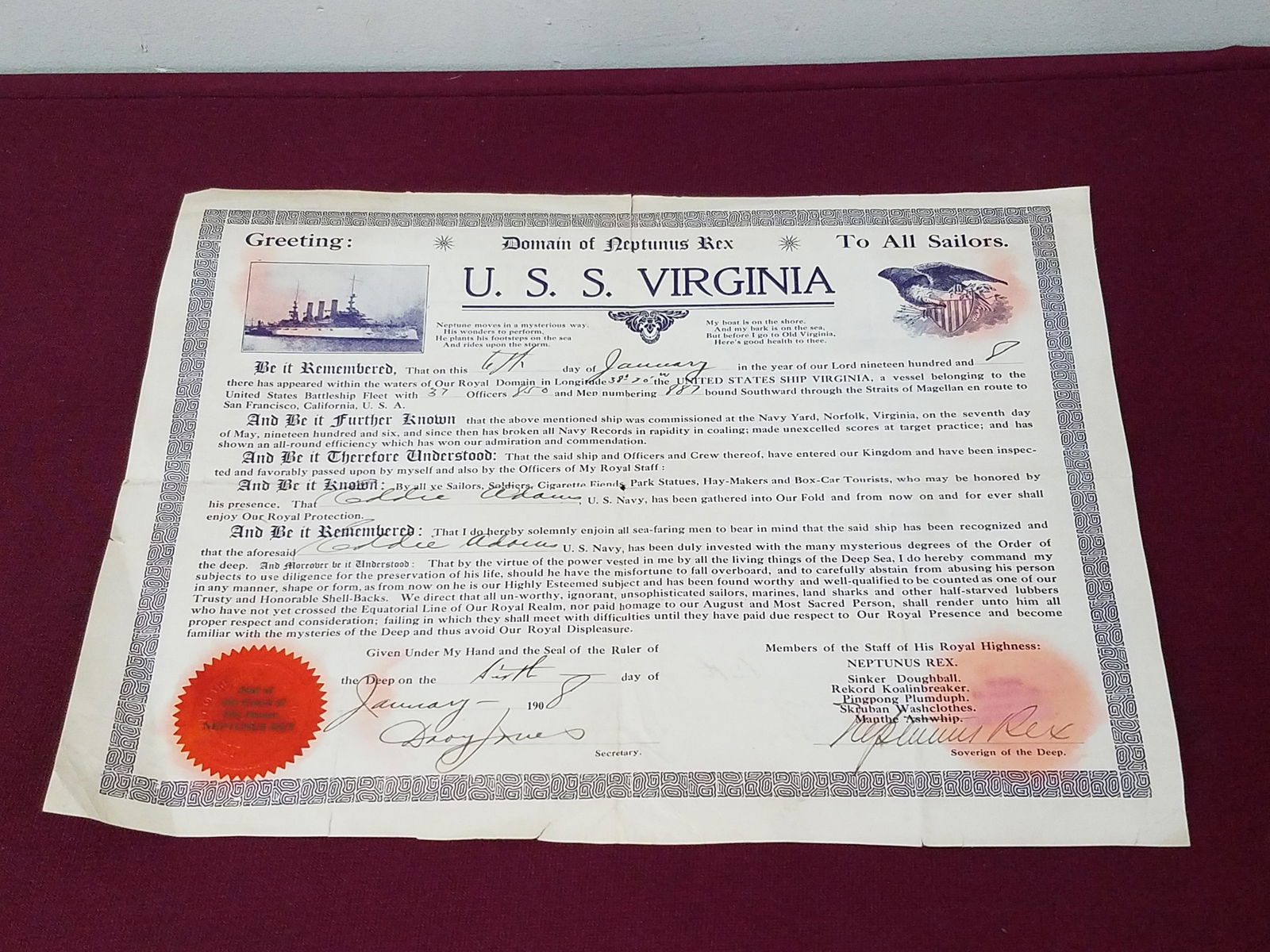 USS Virginia Neptunus Rex Certificate (1 of 2)