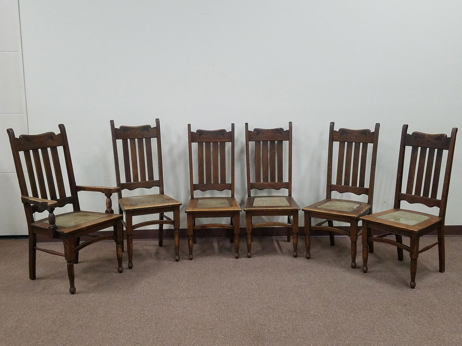6 Oak Dining Room Chairs: 21" wide X 23 1/4" deep X 44" high. IMPORTANT: Before bidding, please read the terms and conditions below. When you registered for the auction you agreed to these terms and will be required to comply