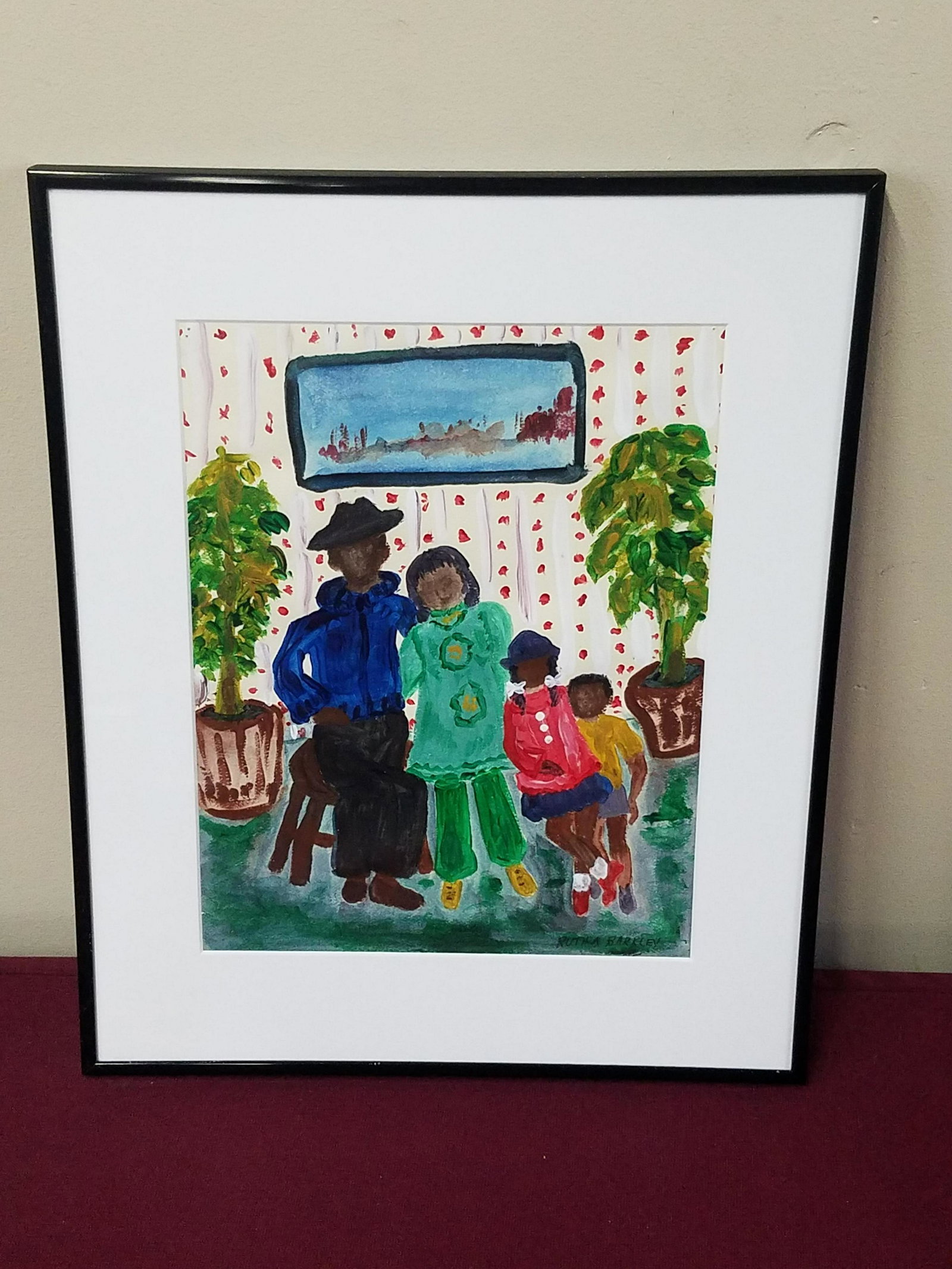 Ruth A Barkley "Family" Painting: Overall with frame 15-1/4" high x 12-1/2" wide. IMPORTANT: Before bidding, please read the terms and conditions below. When you registered for the auction you agreed to these terms and will be require