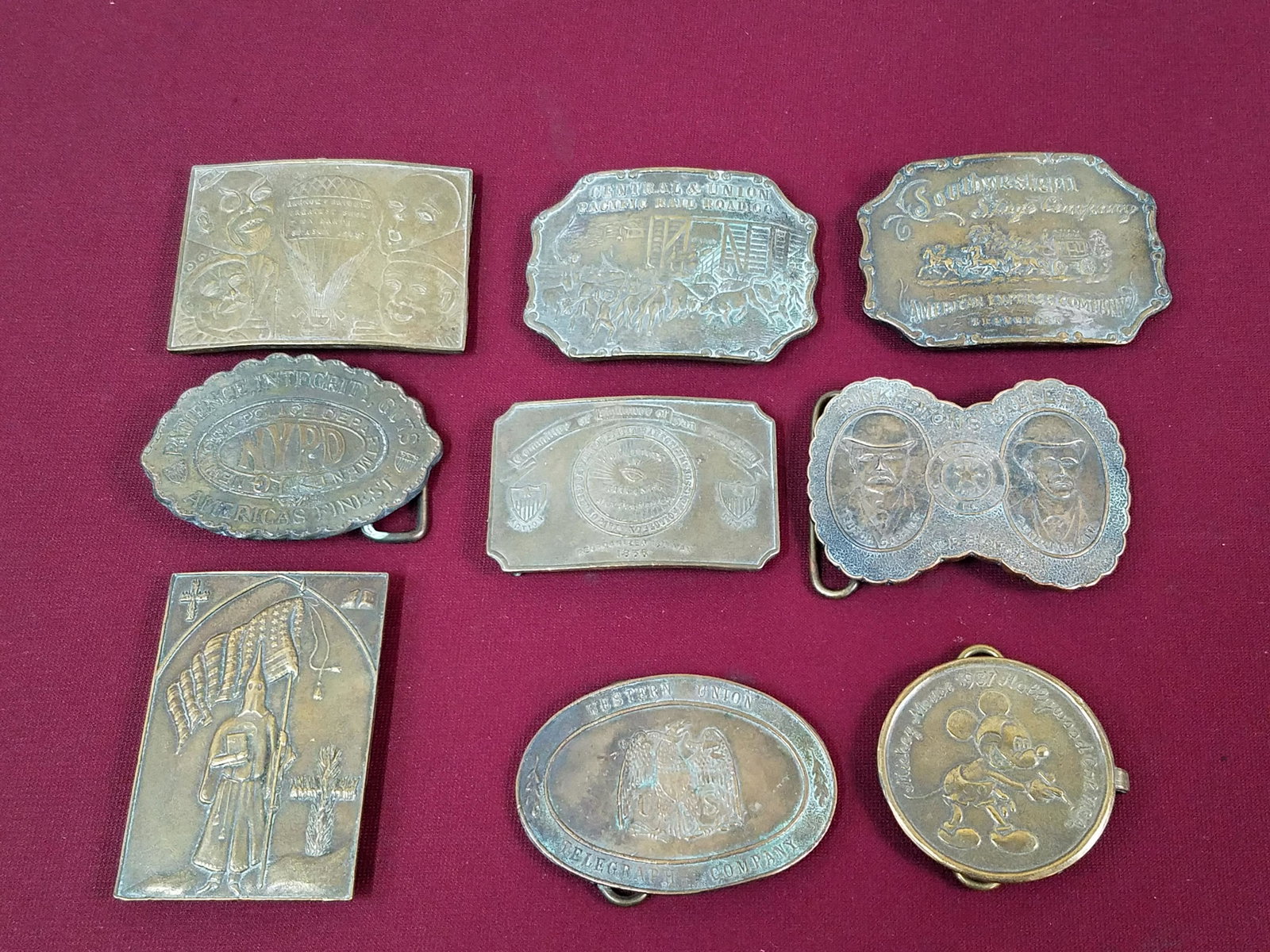 9 Belt Buckles incl Railroad and Disney: 2-1/2" to 3-3/4" wide x 2-1/2" to 3-3/4" high. IMPORTANT: Before bidding, please read the terms and conditions below. When you registered for the auction you agreed to these terms and will be required