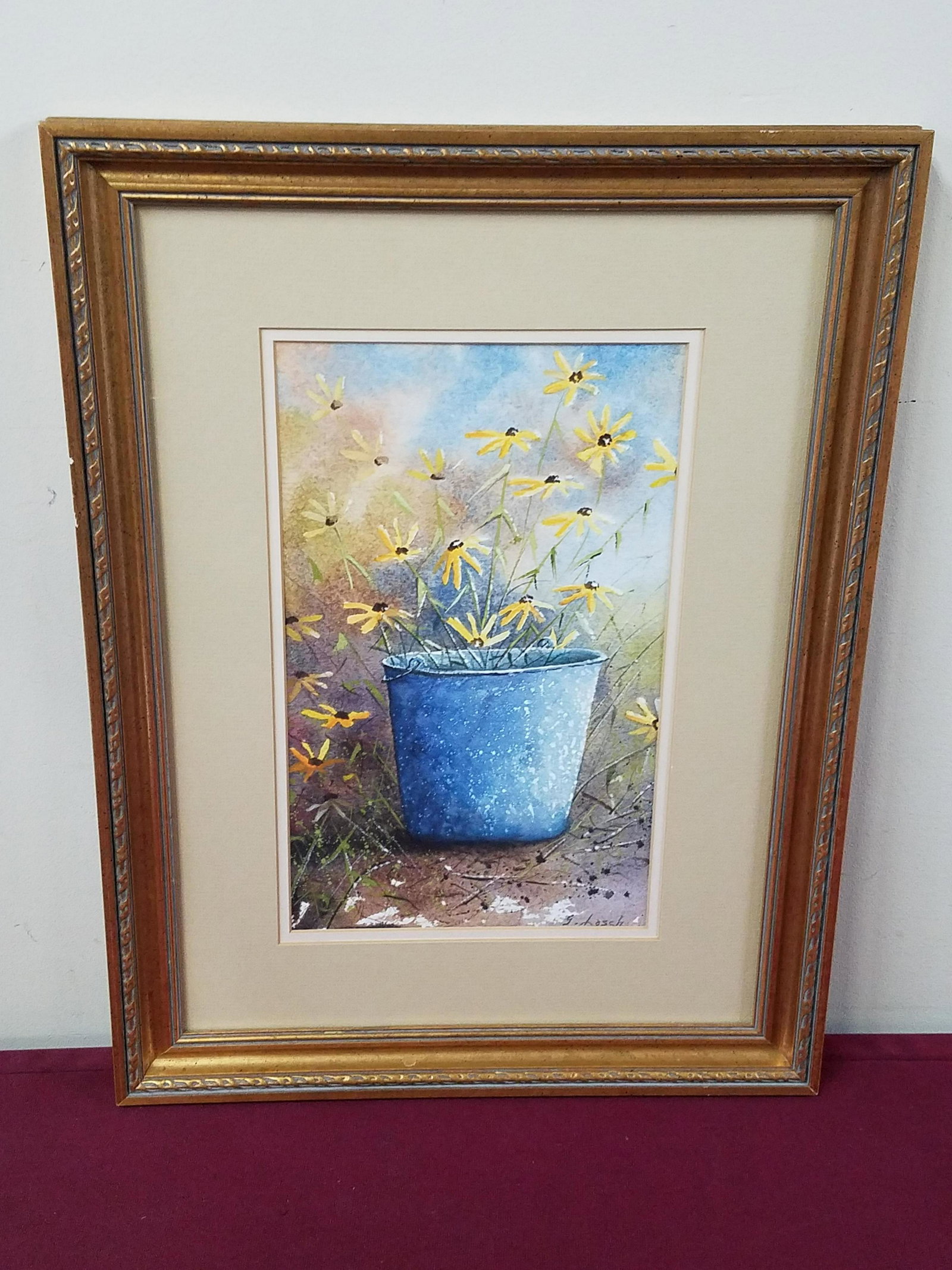 George Losch Daisies in Blue Bucket Watercolor: Overall with frame 20" high x 15" wide. IMPORTANT: Before bidding, please read the terms and conditions below. When you registered for the auction you agreed to these terms and will be required to com