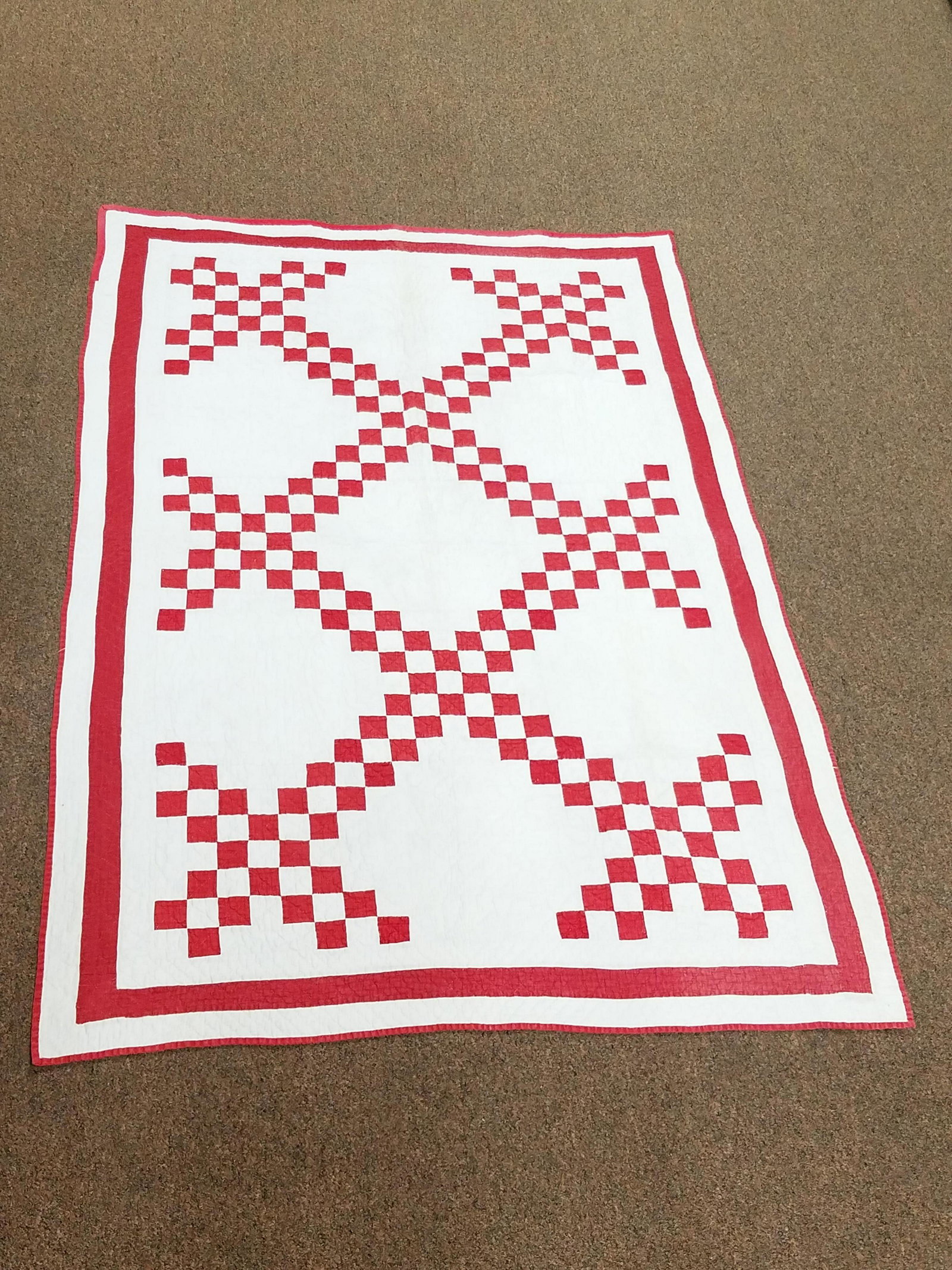 Checkered Crib Quilt: 61" wide x 40-1/2" long. Some staining.