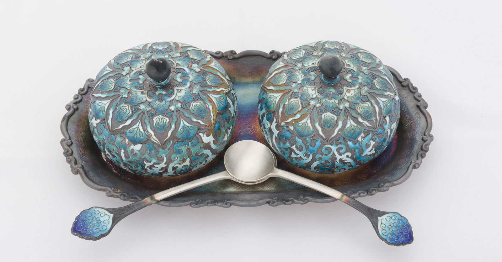 7 Pc Korean Silver & Enamel Tea Caddy Set in Box (1 of 11)