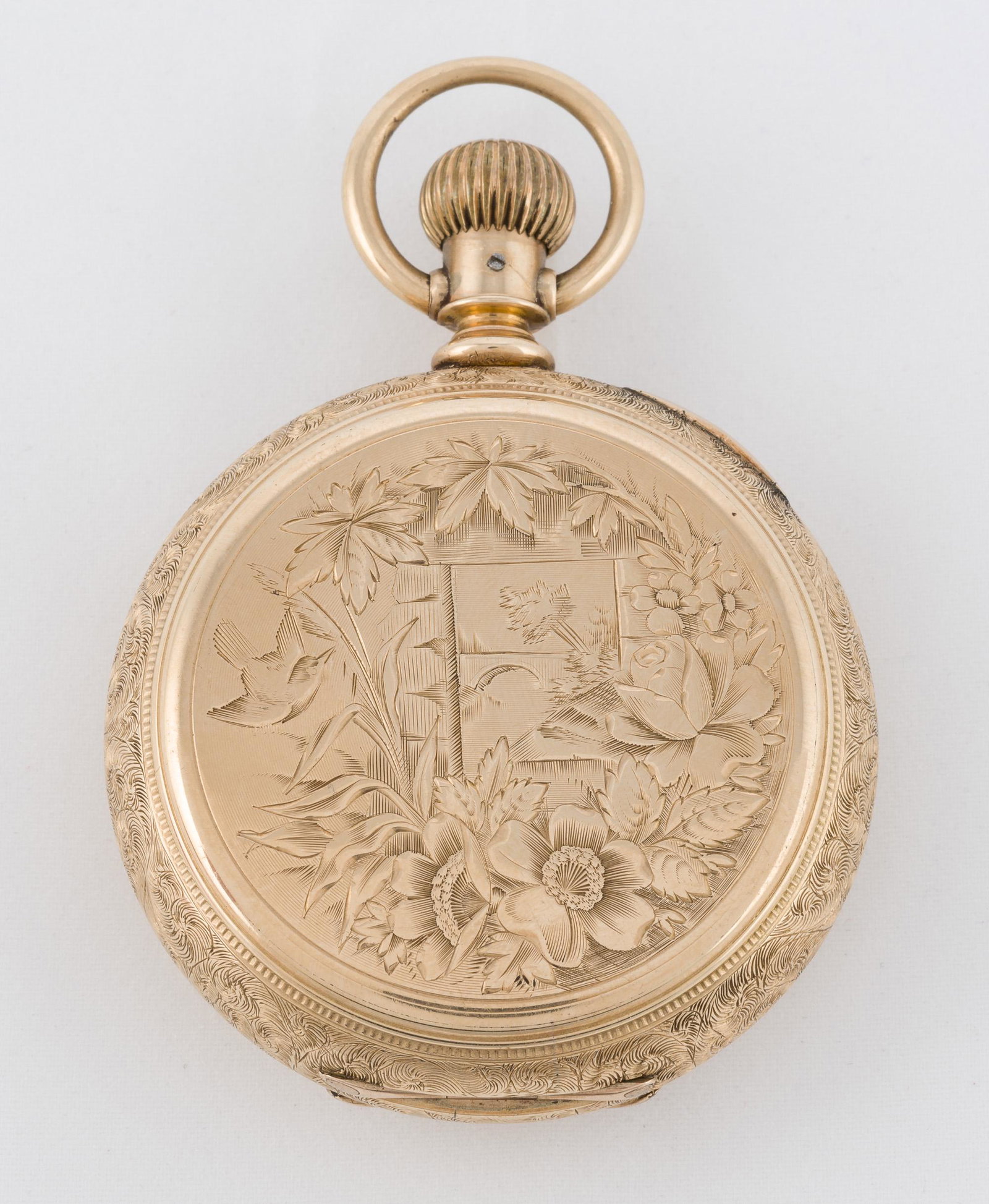 Rockford 14k Fancy Case Pocket Watch: DESCRIPTION: Rockford 14k fancy casepocket watch. Works: Lever set, adjusted. Patent pinion. Serial number 196947. Case: Marked "Warentie 14k U.S. Assay." Serial number 37735. MEASUREMENTS: 97.5 dwt (
