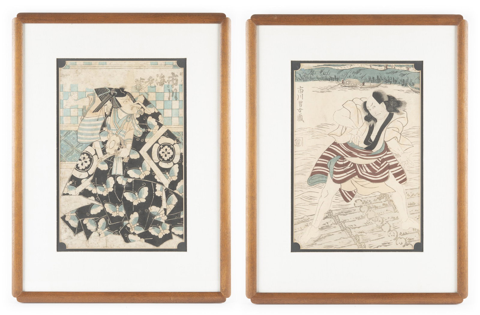 Pr of Japanese Woodblock Prints Incl Kunisada: DESCRIPTION: Pair of Japanese woodblock prints. Includes: 1) Utagawa Kunisada (Japanese, 1786-1865). Actor Ichikawa Ebizô. Matted in wood frame. 2) Japanese, Edo Period. Actor print. Matted in wood f