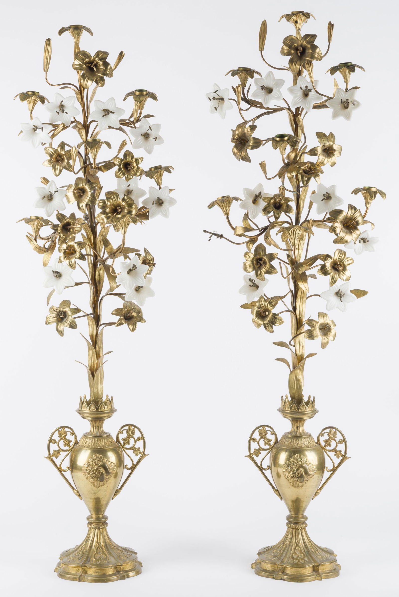 Pr of Brass & Glass Floral Candelabra (1 of 5)