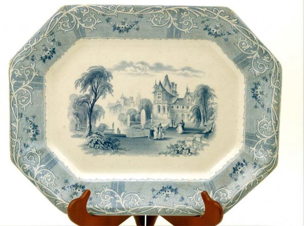 Staffordshire Transferware Rhone Scenery Platter: DESCRIPTION: A rectangular rounded corner light blue Staffordshire transferware turkey platter marked "T.J. Maier/Rhone Scenery." English, 19th century. MEASUREMENTS: 18" x 14". CONDITION: Light surfa
