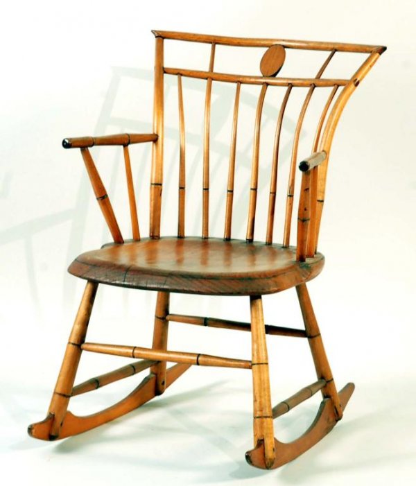 Federal Cage Back Faux Bamboo Rocking Chair: DESCRIPTION: A cage back faux bamboo rocking chair, American early 19th century. The raked back with central medallion terminating in a slab seat resting on four legs pinned into a sleigh cutter rocke