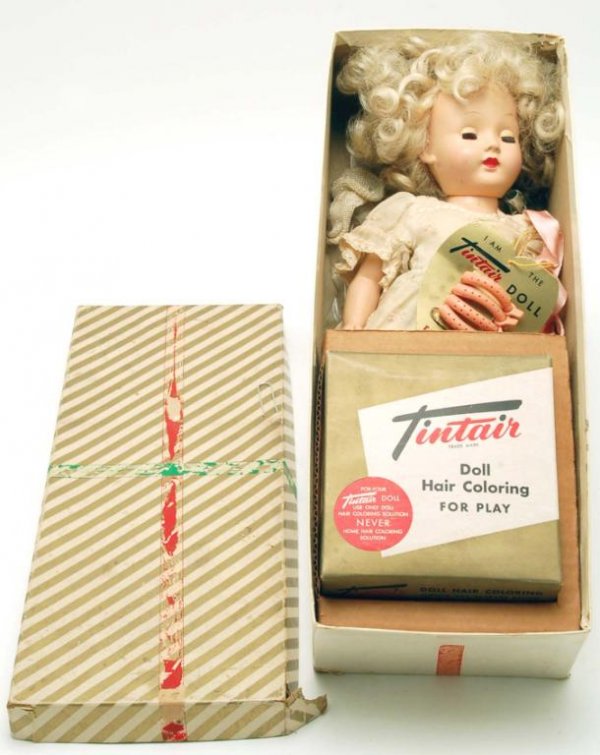 Effanbee Tintair Doll in Original Box: DESCRIPTION: Tintair doll by Effanbee in the 747 Pink trim. Includes sleep eyed doll in original outfit (missing one sock, the other included), original hangtag with four curlers, plastic drape (opene