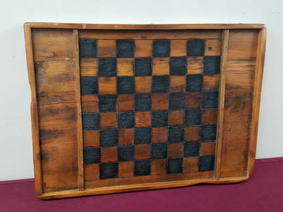 Primitive Wooden Chess / Checkers Board: 19-3/4" wide x 14-1/4" high. IMPORTANT: Before bidding, please read the terms and conditions below. When you registered for the auction you agreed to these terms and will be required to comply with